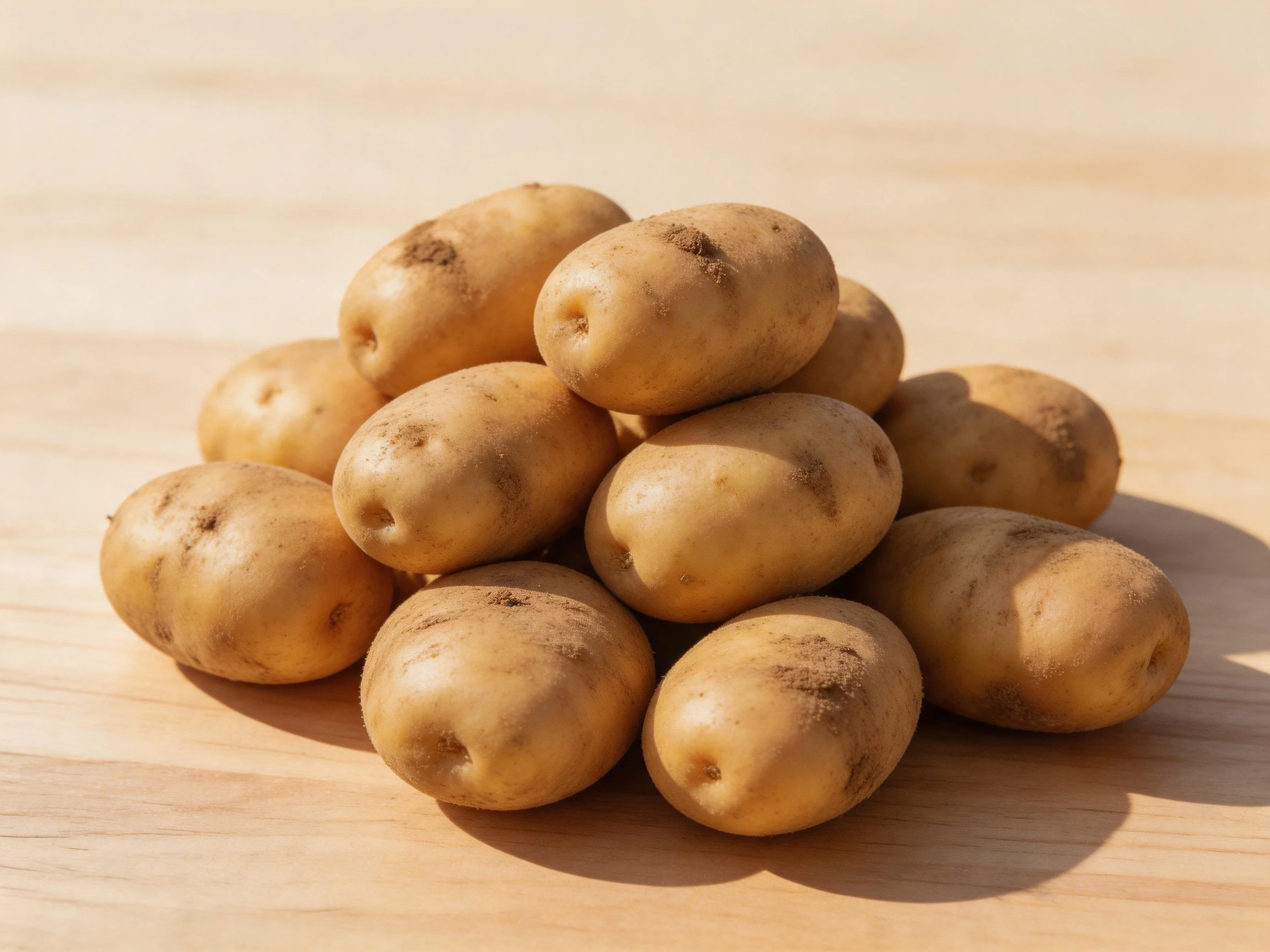 A pile of small golden potatoes stacked on a wooden surface