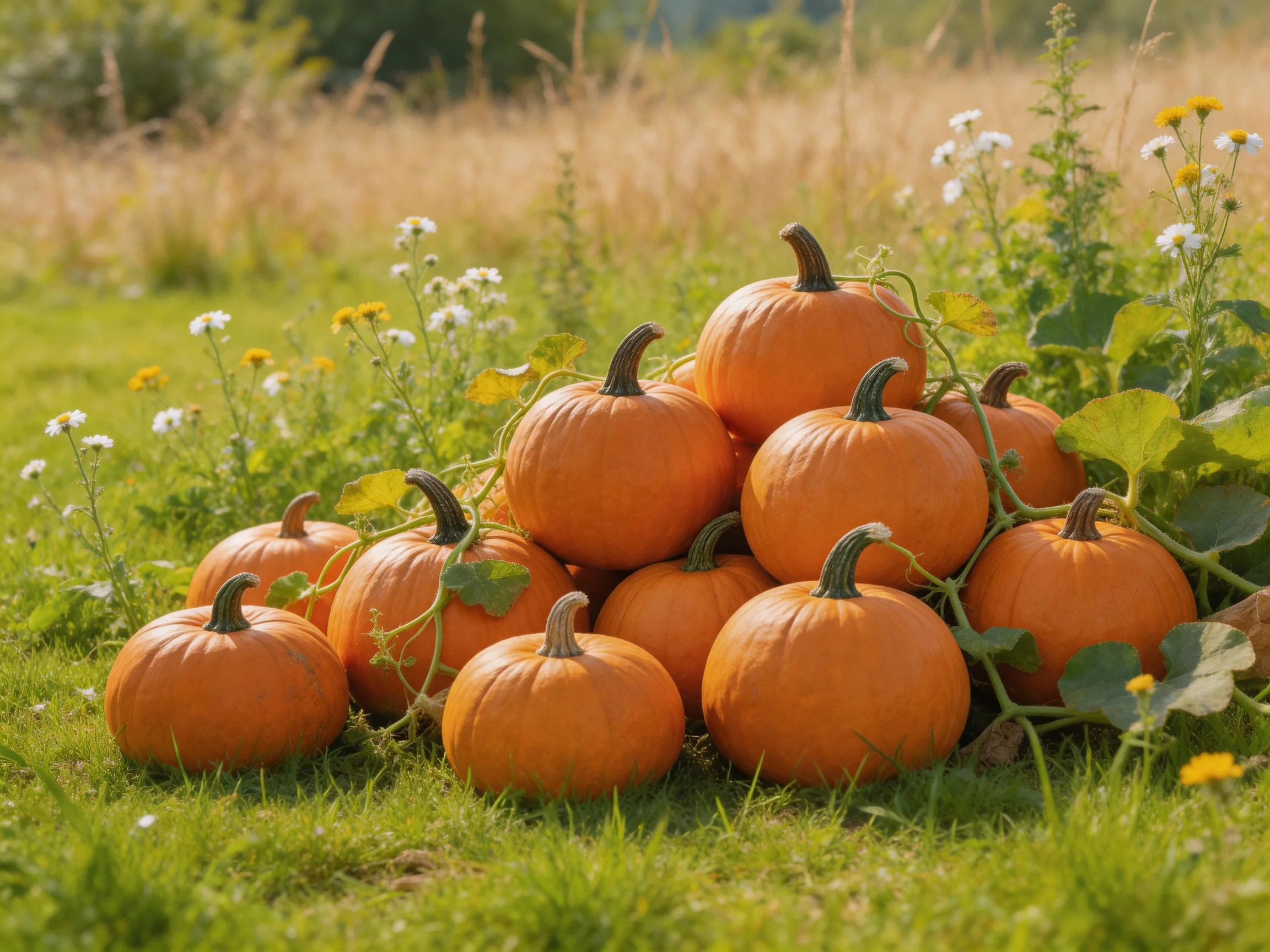 A pile of small orange pumpkins arranged on lush green grass with wildflowers