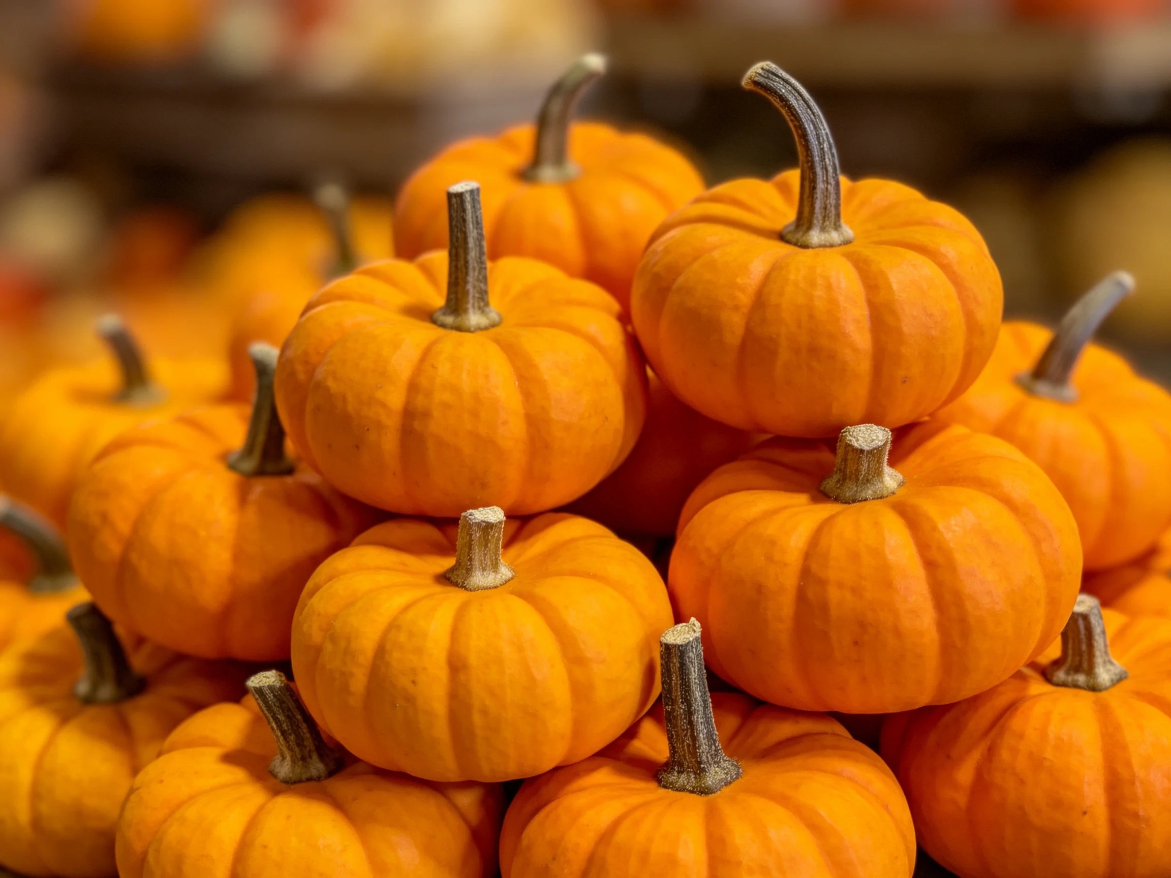 A pile of small orange pumpkins stacked in a pyramid formation