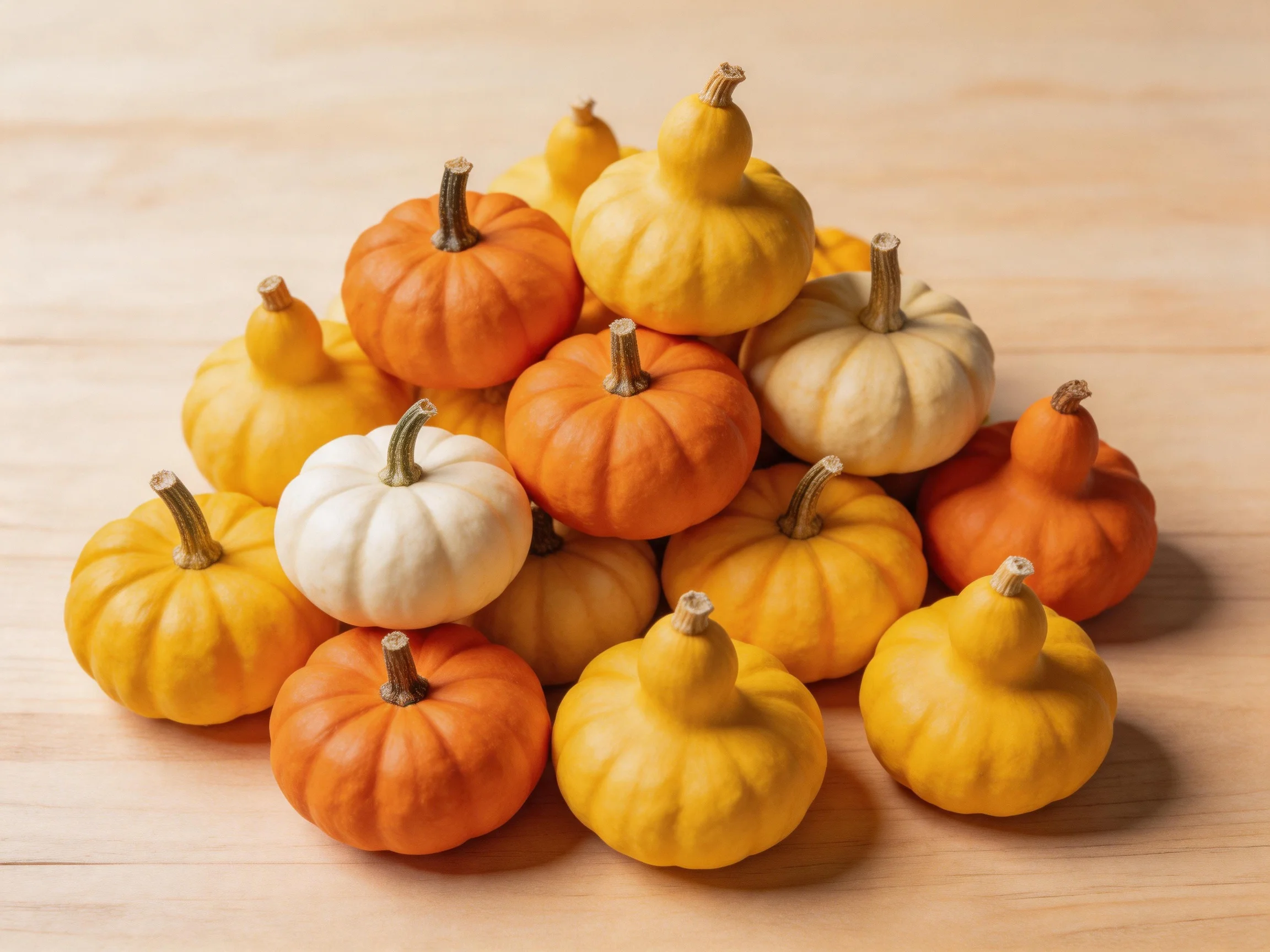 A pile of small orange, yellow, and white pumpkins stacked on a wooden surface