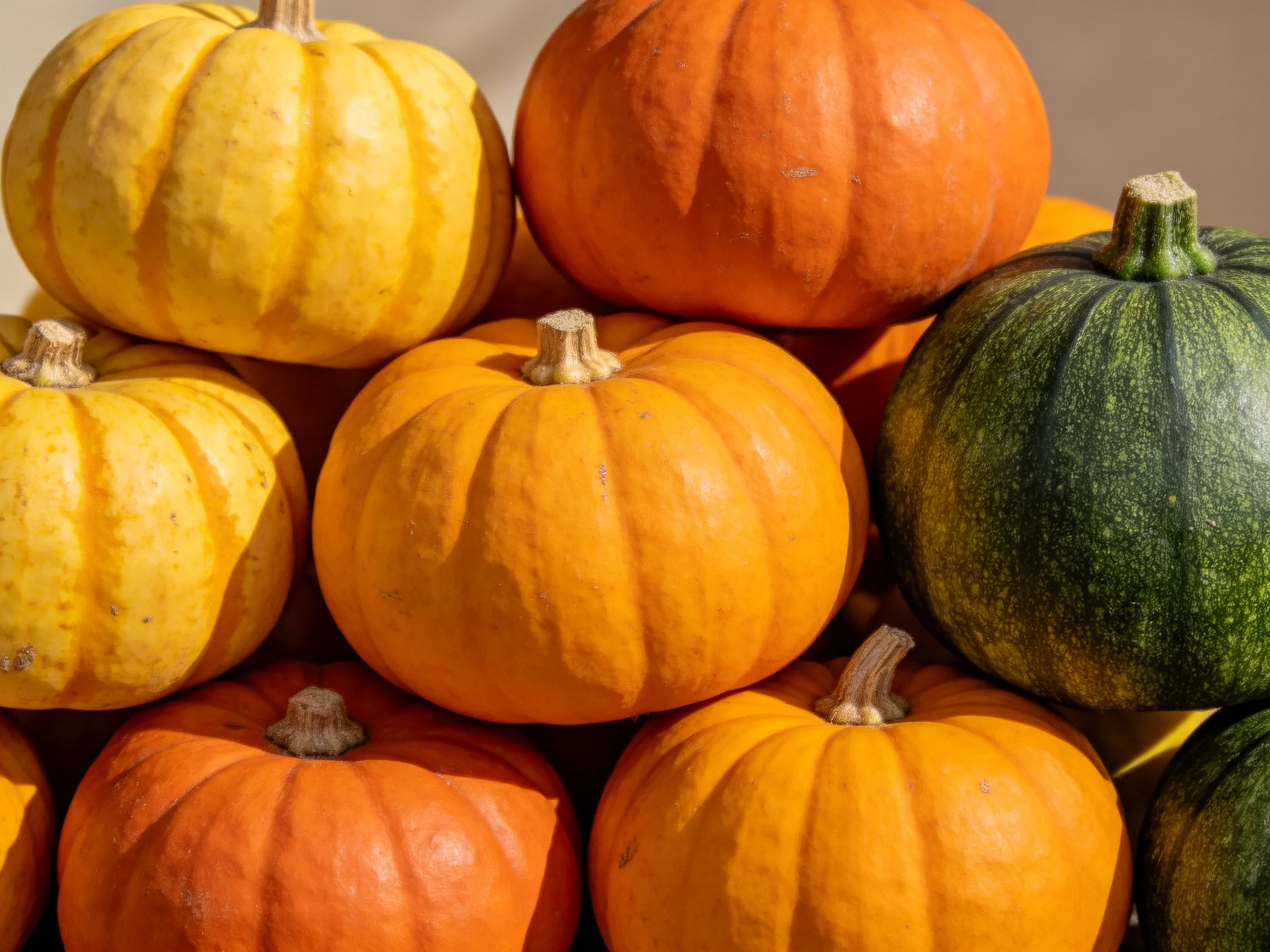 A pile of small pumpkins in yellow, orange, and green hues stacked together