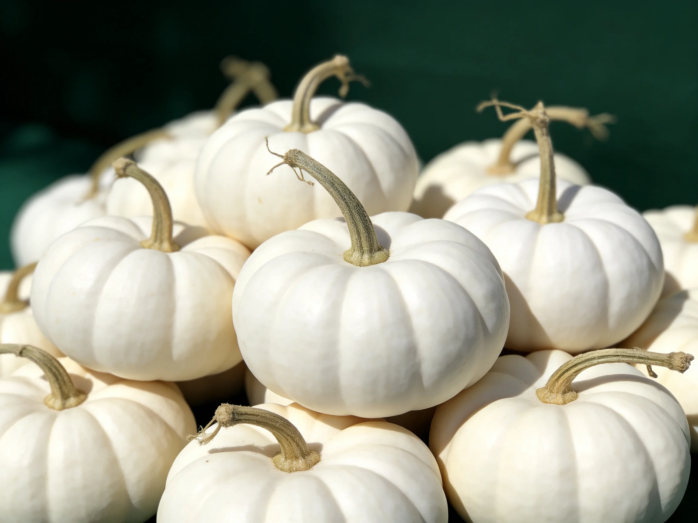 A pile of small white pumpkins with tan stems against a dark green backdrop