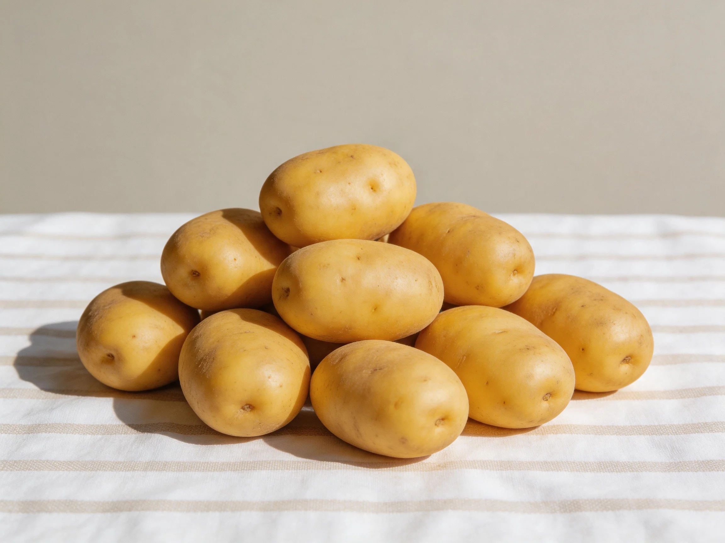 A pile of small yellow potatoes stacked on a striped cloth