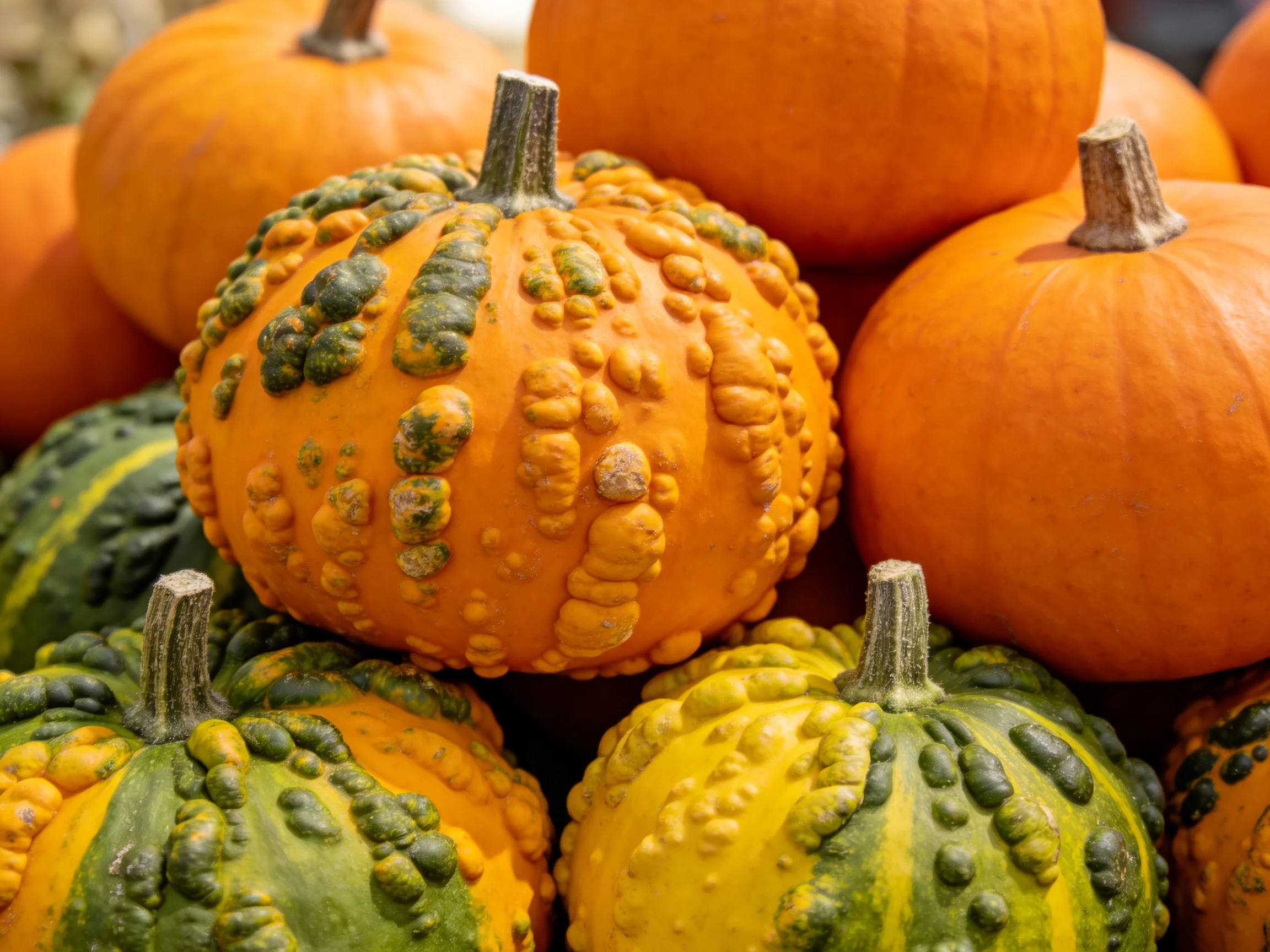 A pile of uniquely textured orange and green-yellow gourds and pumpkins