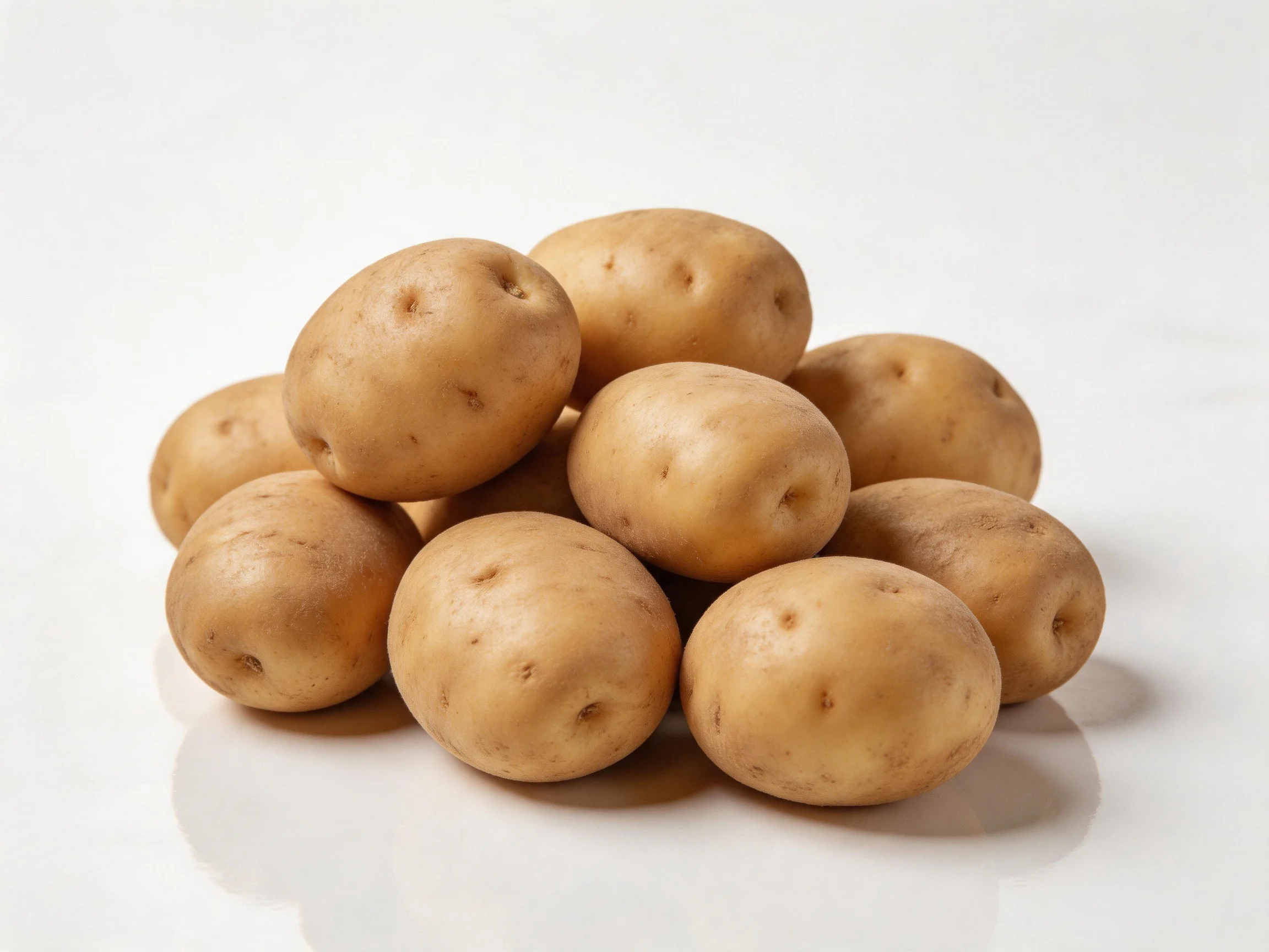 A pile of unpeeled light brown potatoes arranged on a white surface