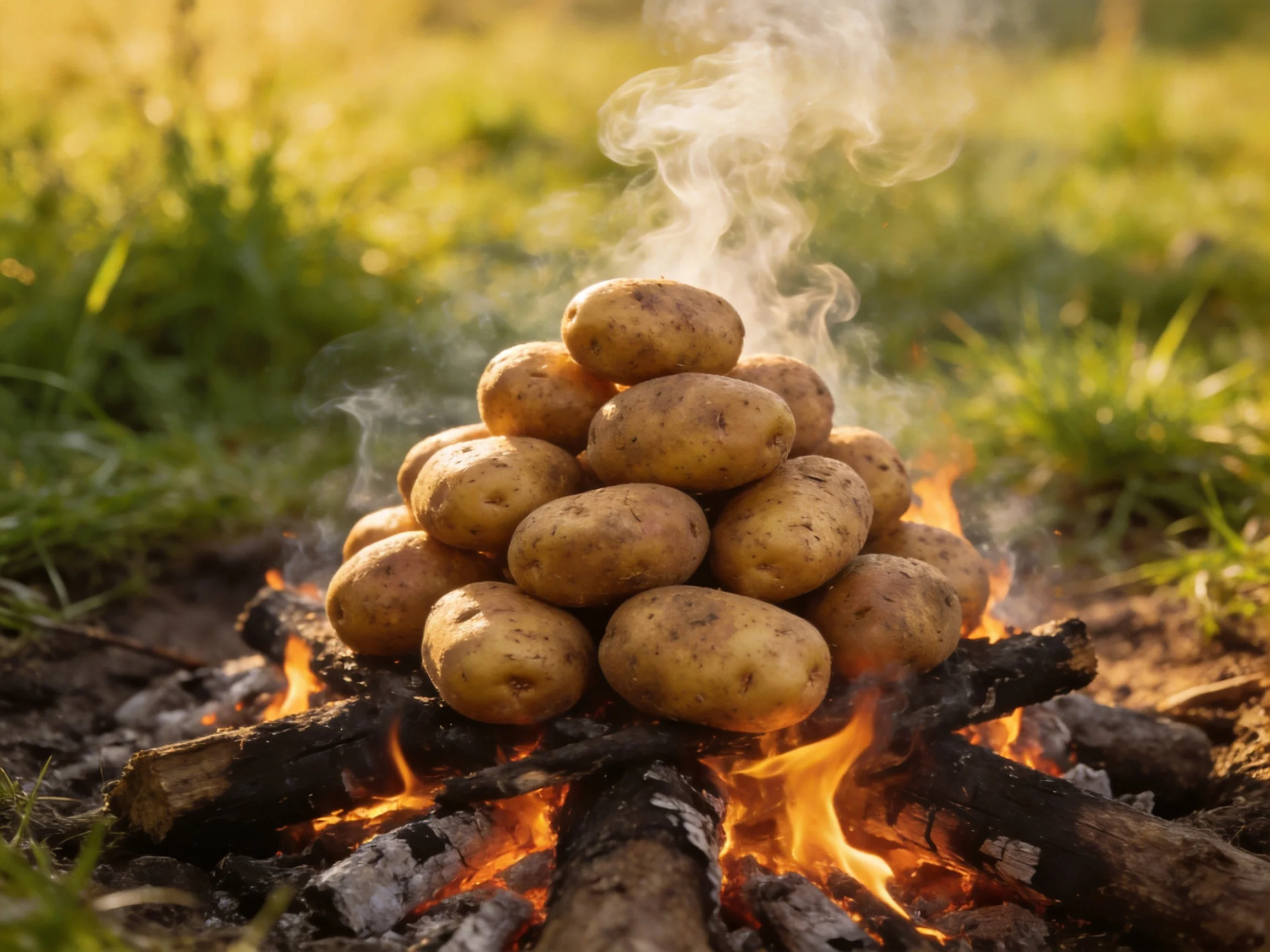 A pile of unpeeled potatoes roasting over an open campfire outdoors