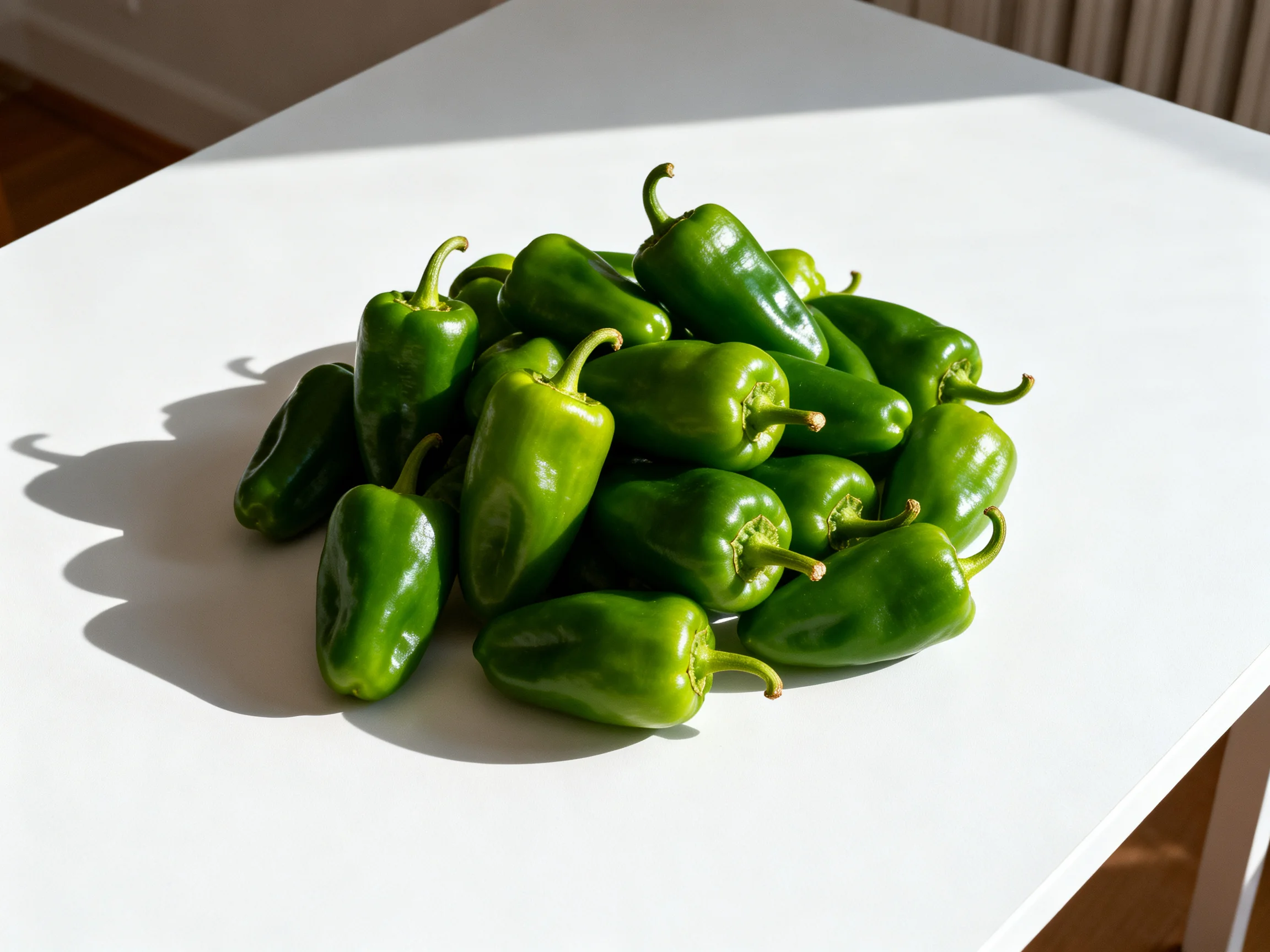 A pile of vibrant green bell peppers arranged on a white table