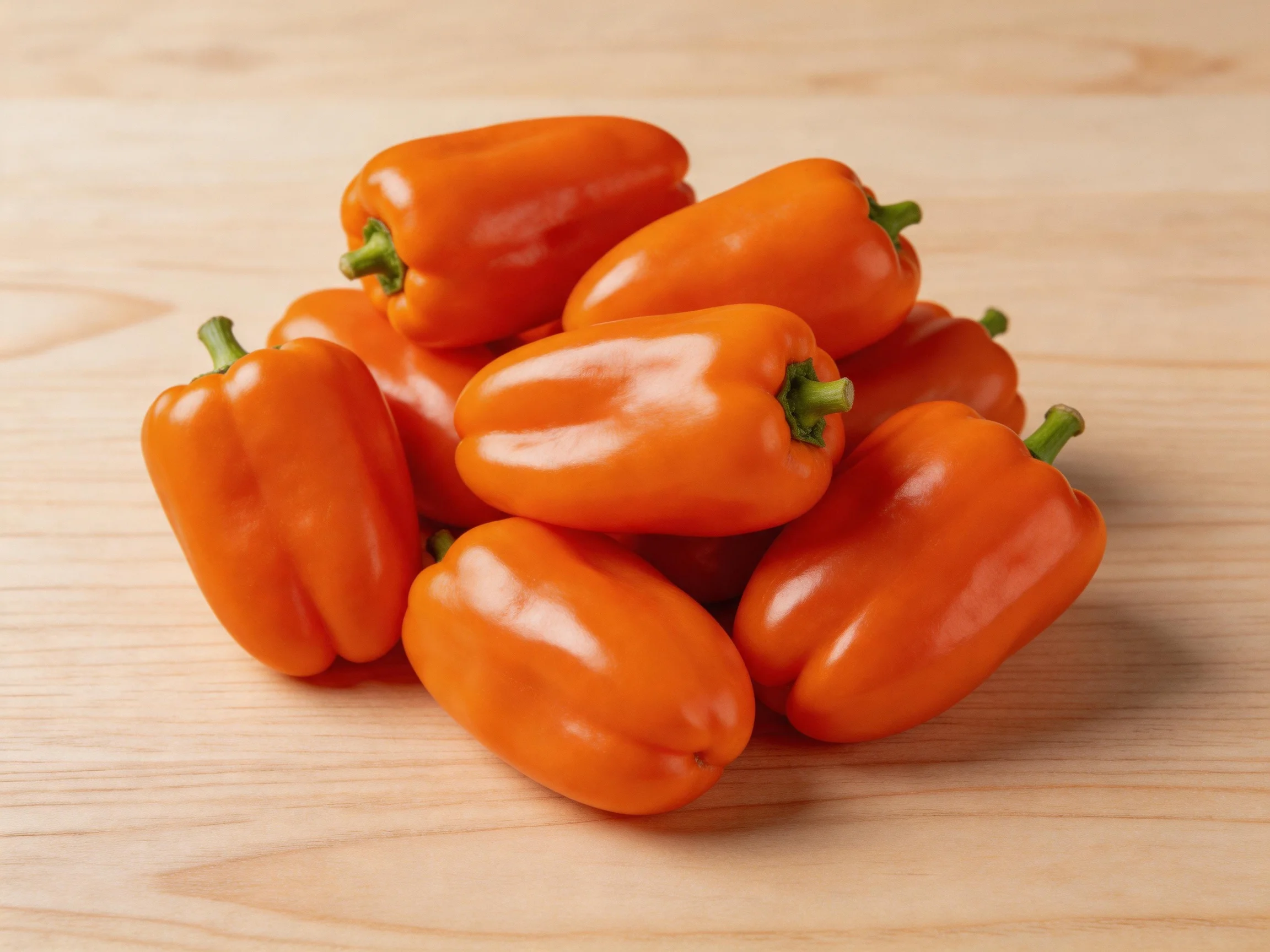 A pile of vibrant orange bell peppers arranged on a light wooden surface