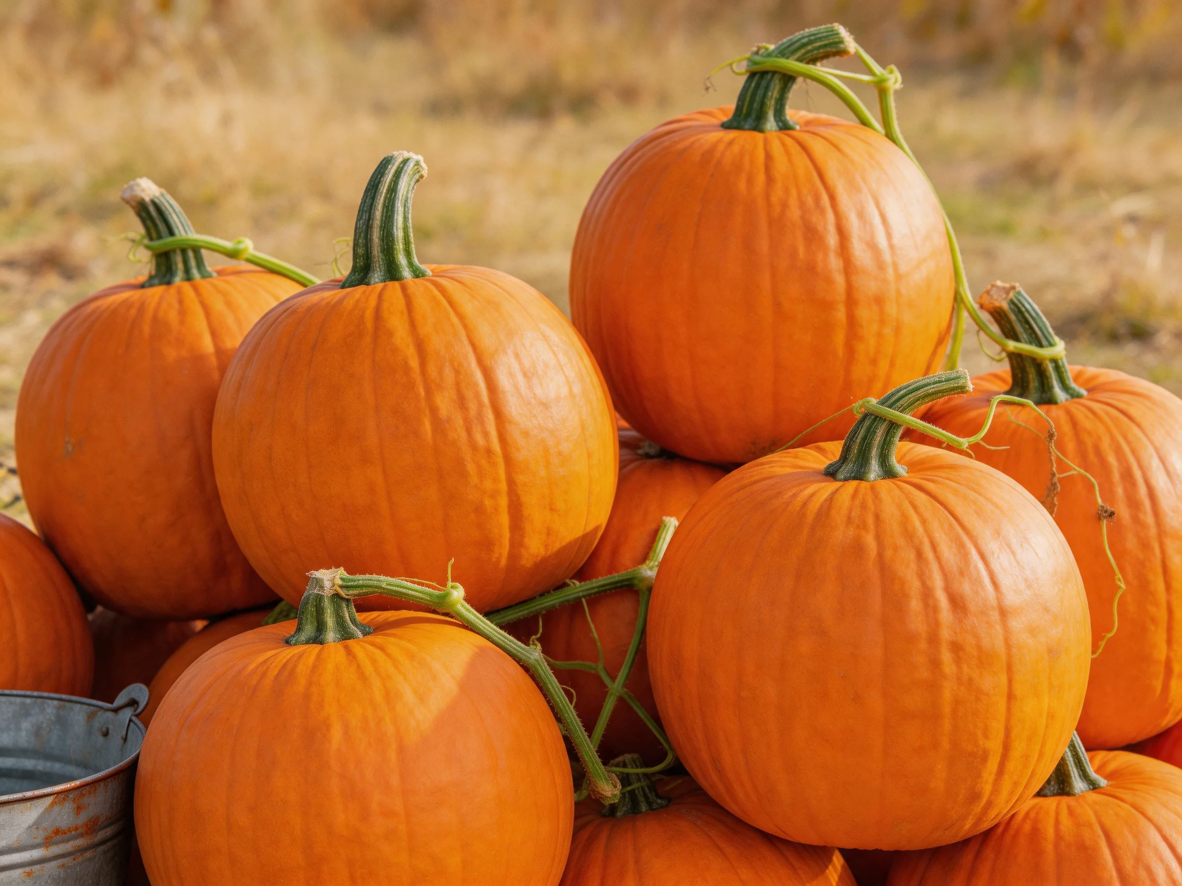 A pile of vibrant orange pumpkins stacked outdoors near a metal bucket