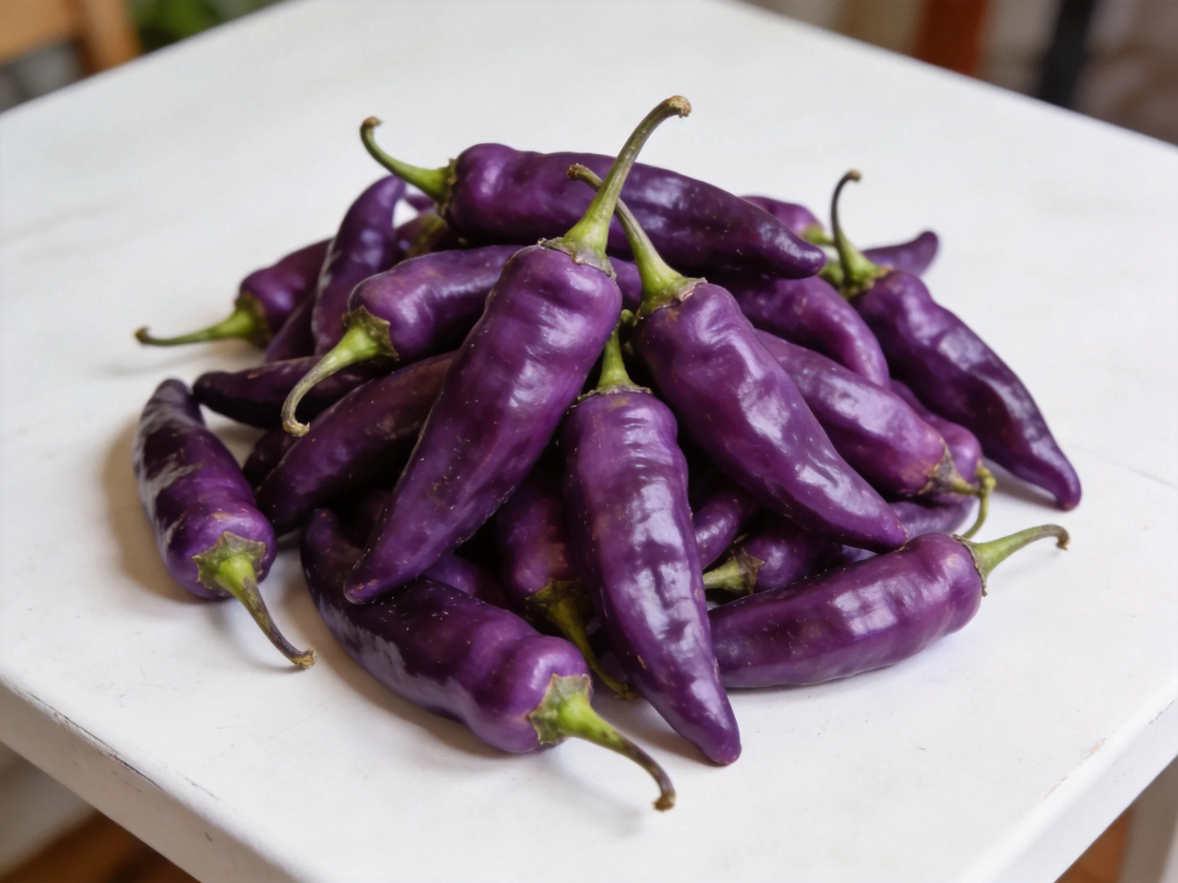 A pile of vibrant purple chili peppers on a white surface