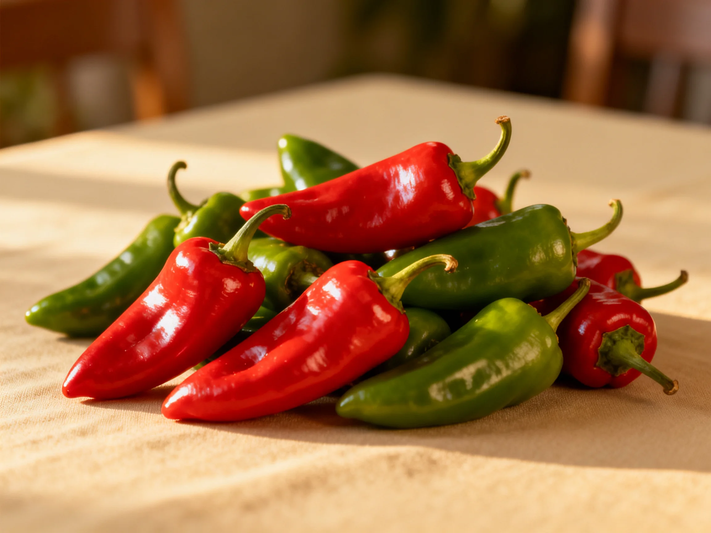 A pile of vibrant red and green chili peppers on a wooden surface