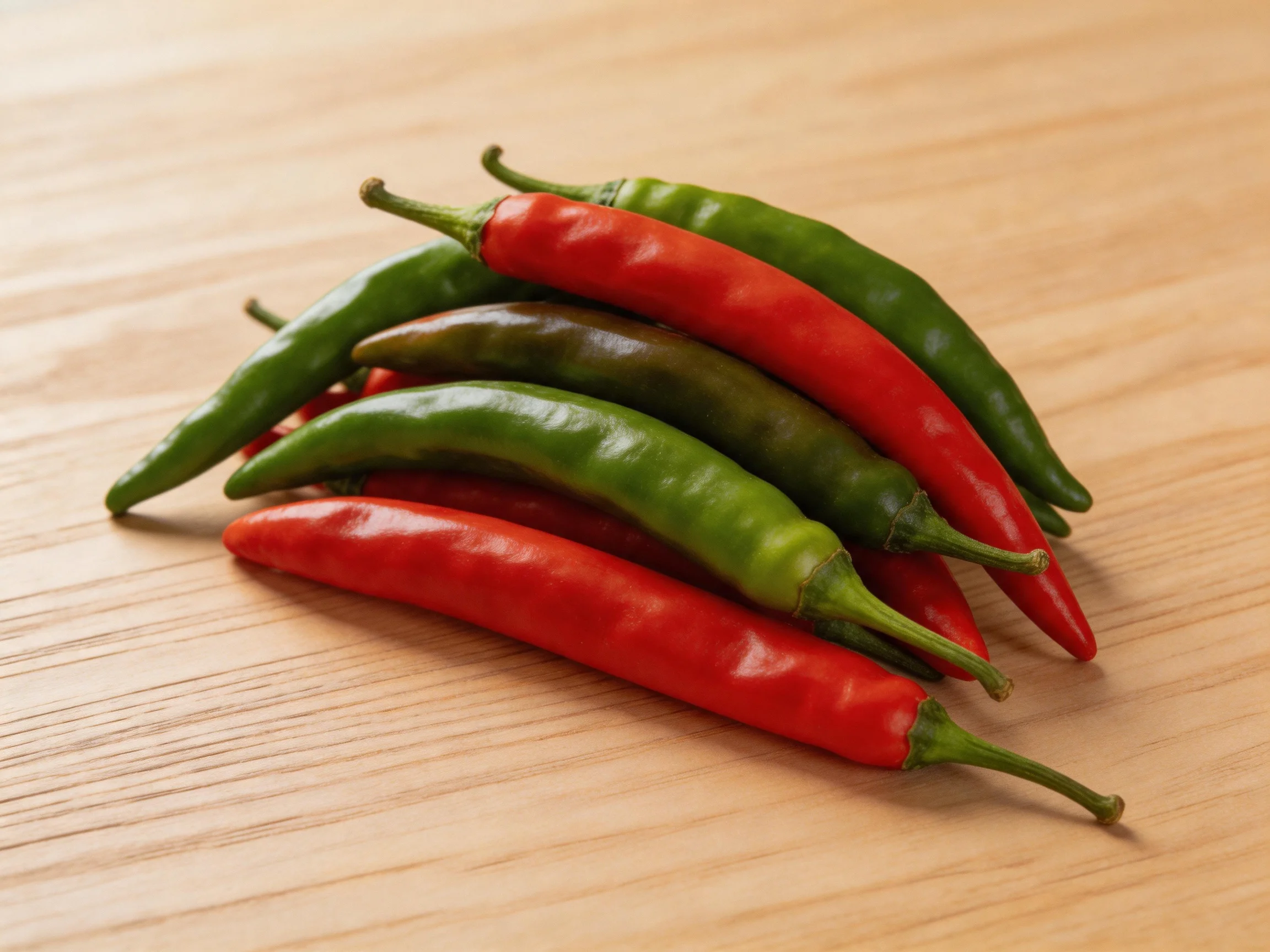 A pile of vibrant red and green chili peppers on a wooden surface