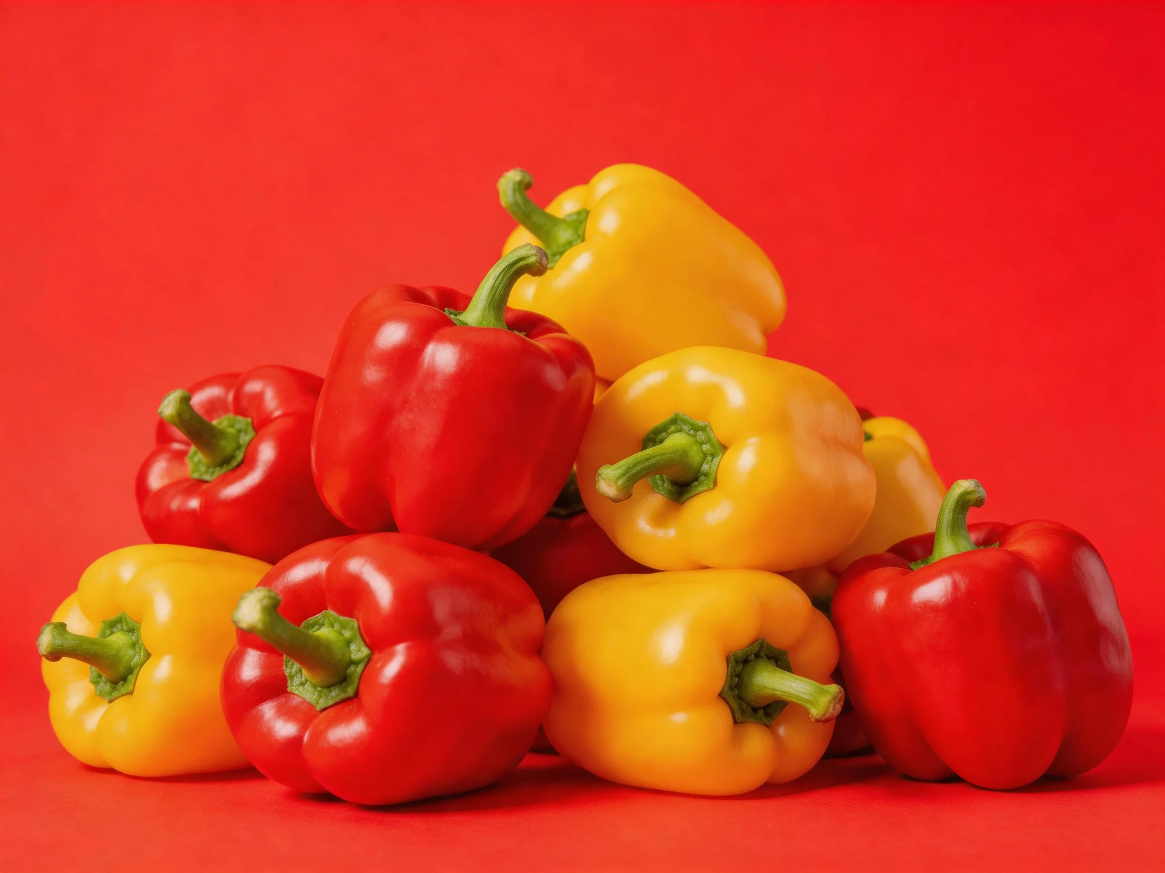 A pile of vibrant red and yellow bell peppers against a solid red backdrop