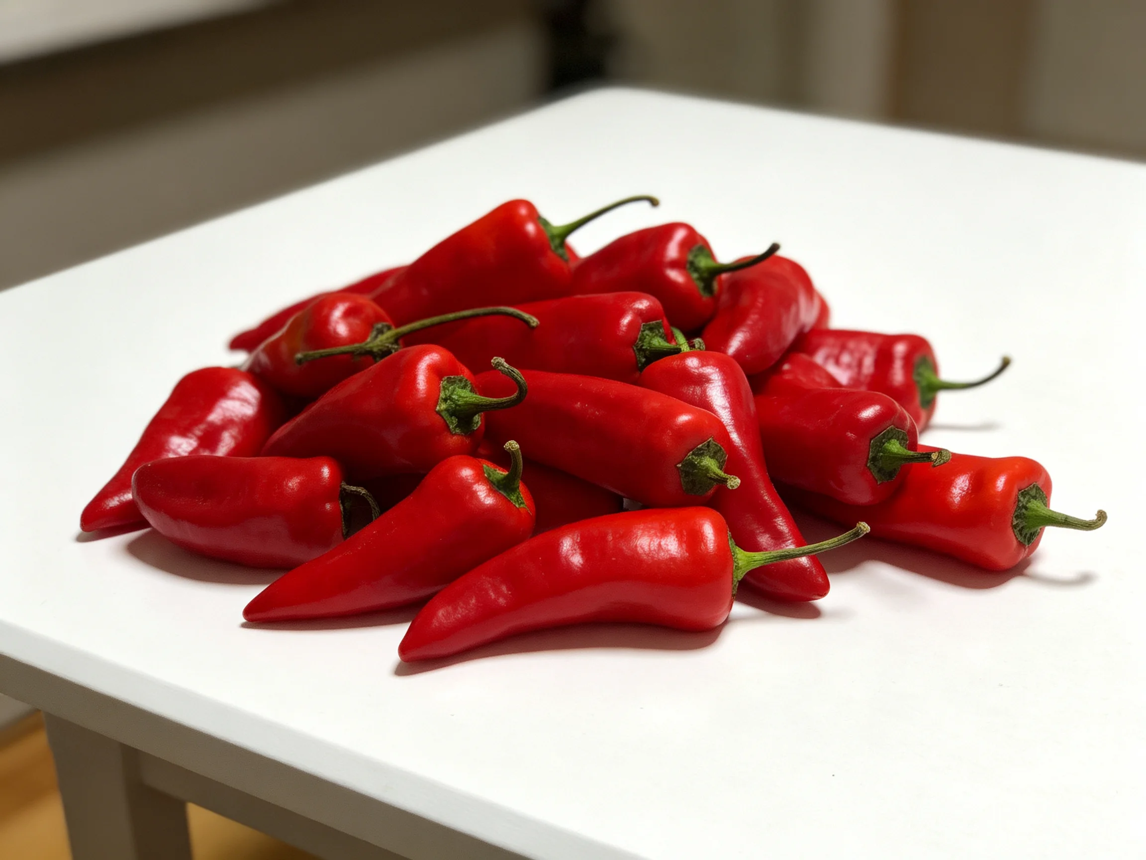 A pile of vibrant red chili peppers arranged on a white table