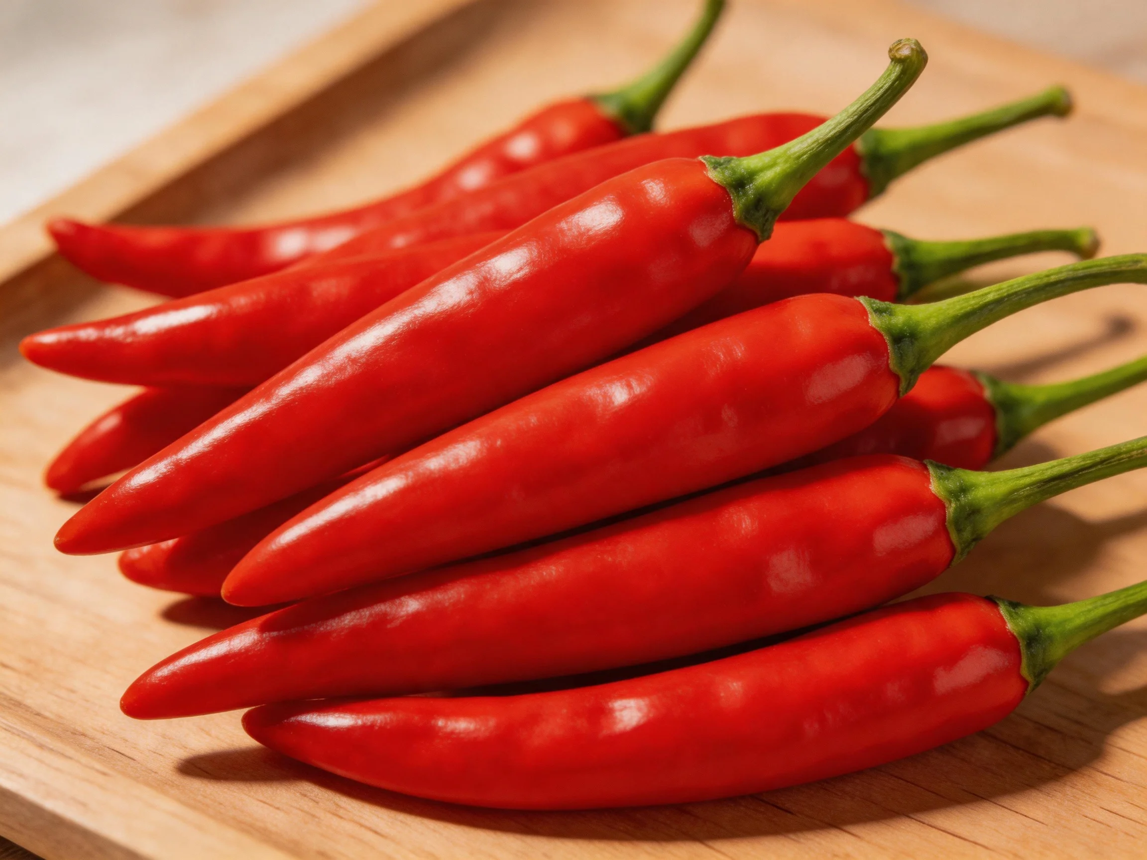 A pile of vibrant red chili peppers arranged on a wooden tray