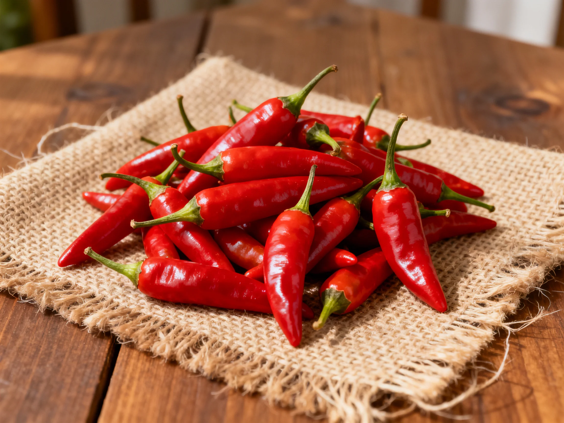 A pile of vibrant red chili peppers resting on a burlap cloth over wood