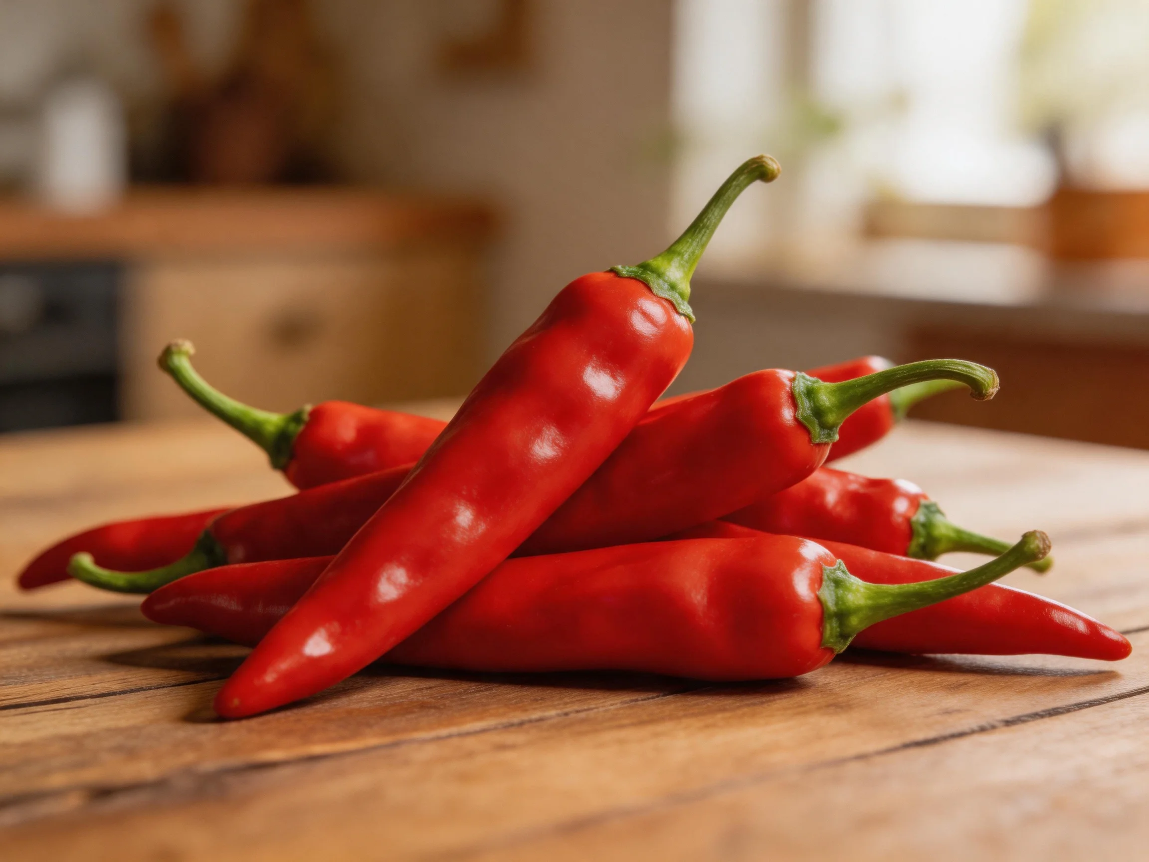 A pile of vibrant red chili peppers resting on a wooden surface