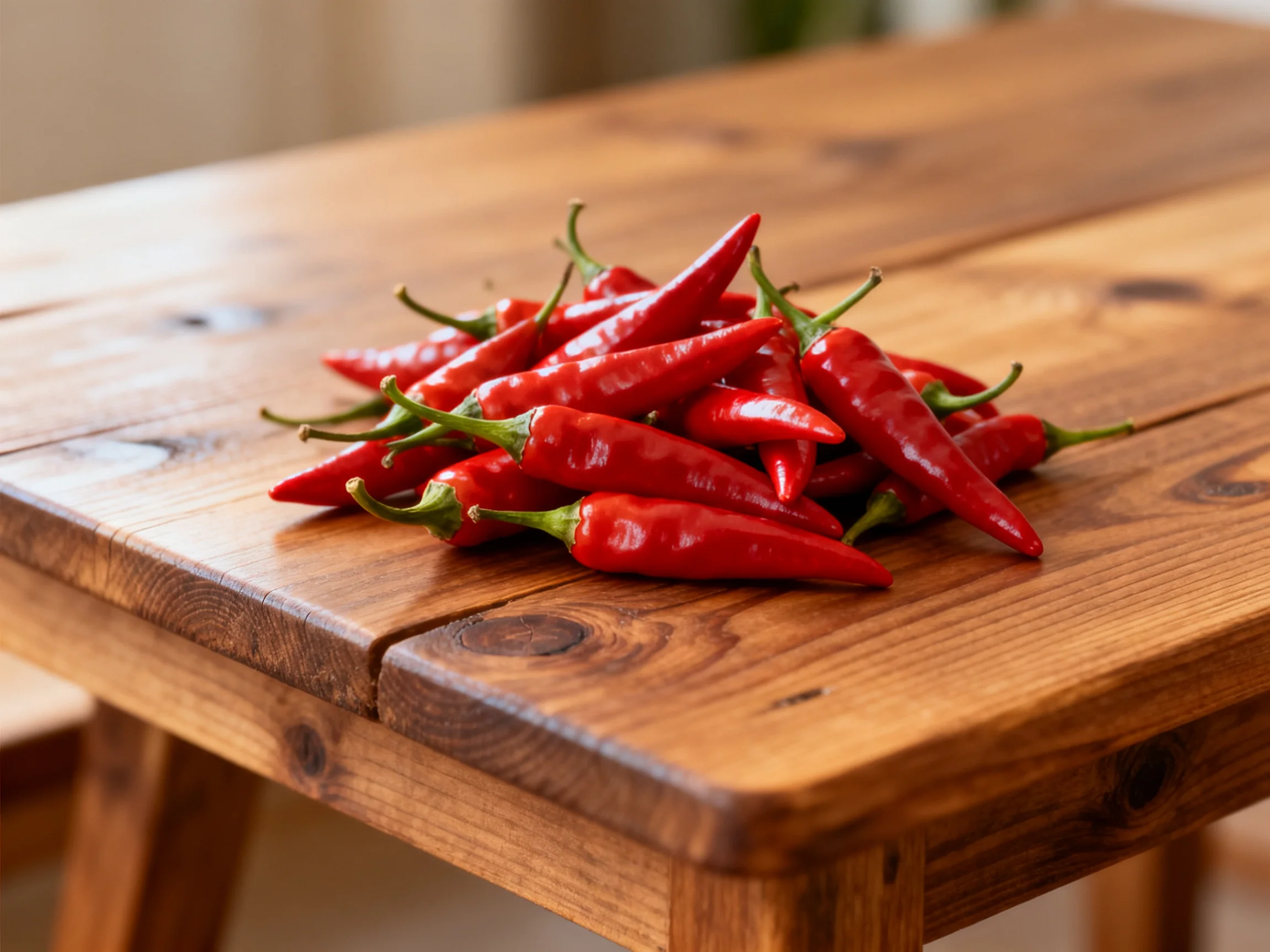 A pile of vibrant red chili peppers rests on a polished wooden table