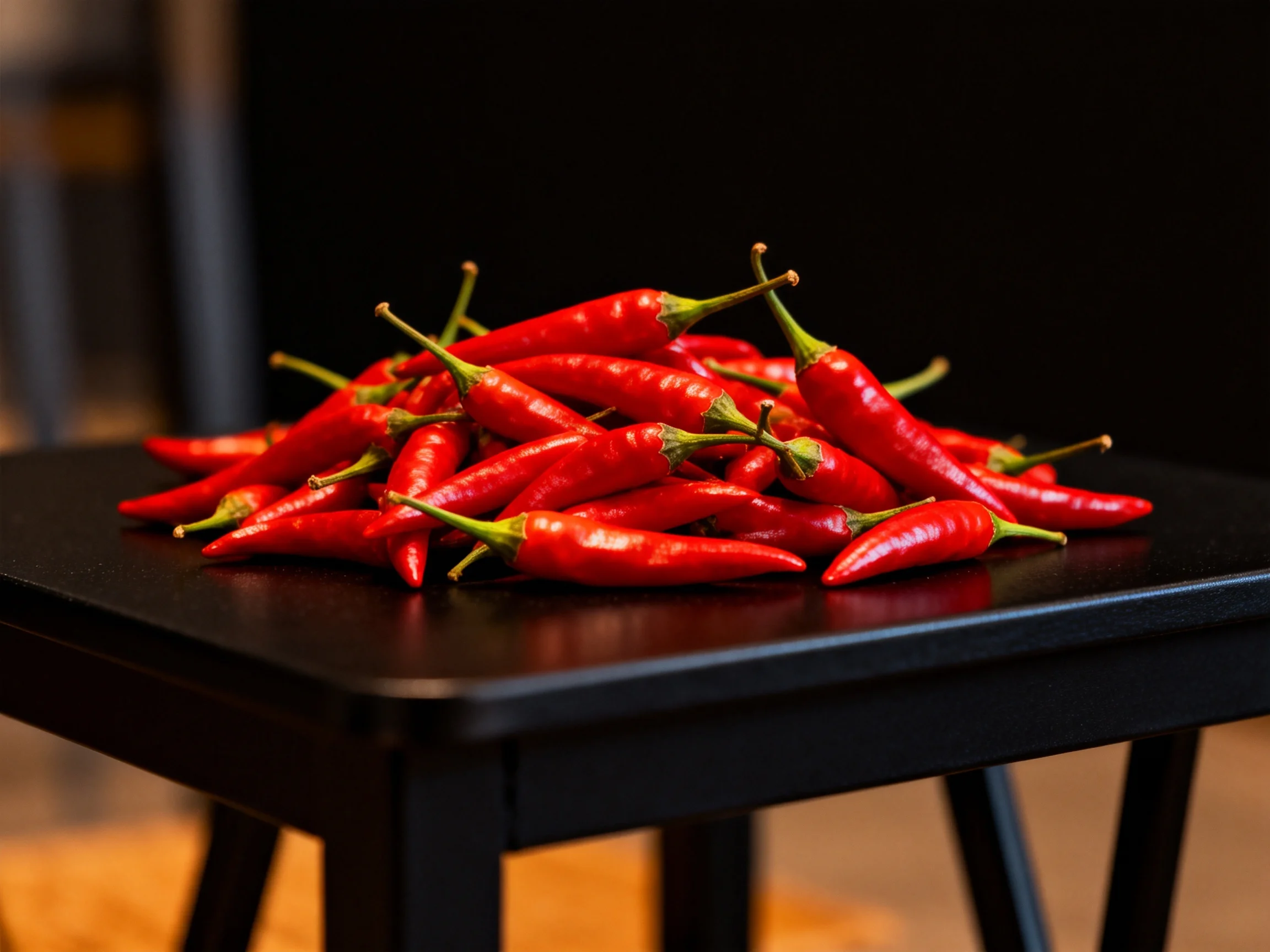 A pile of vibrant red chili peppers sits on a sleek black table