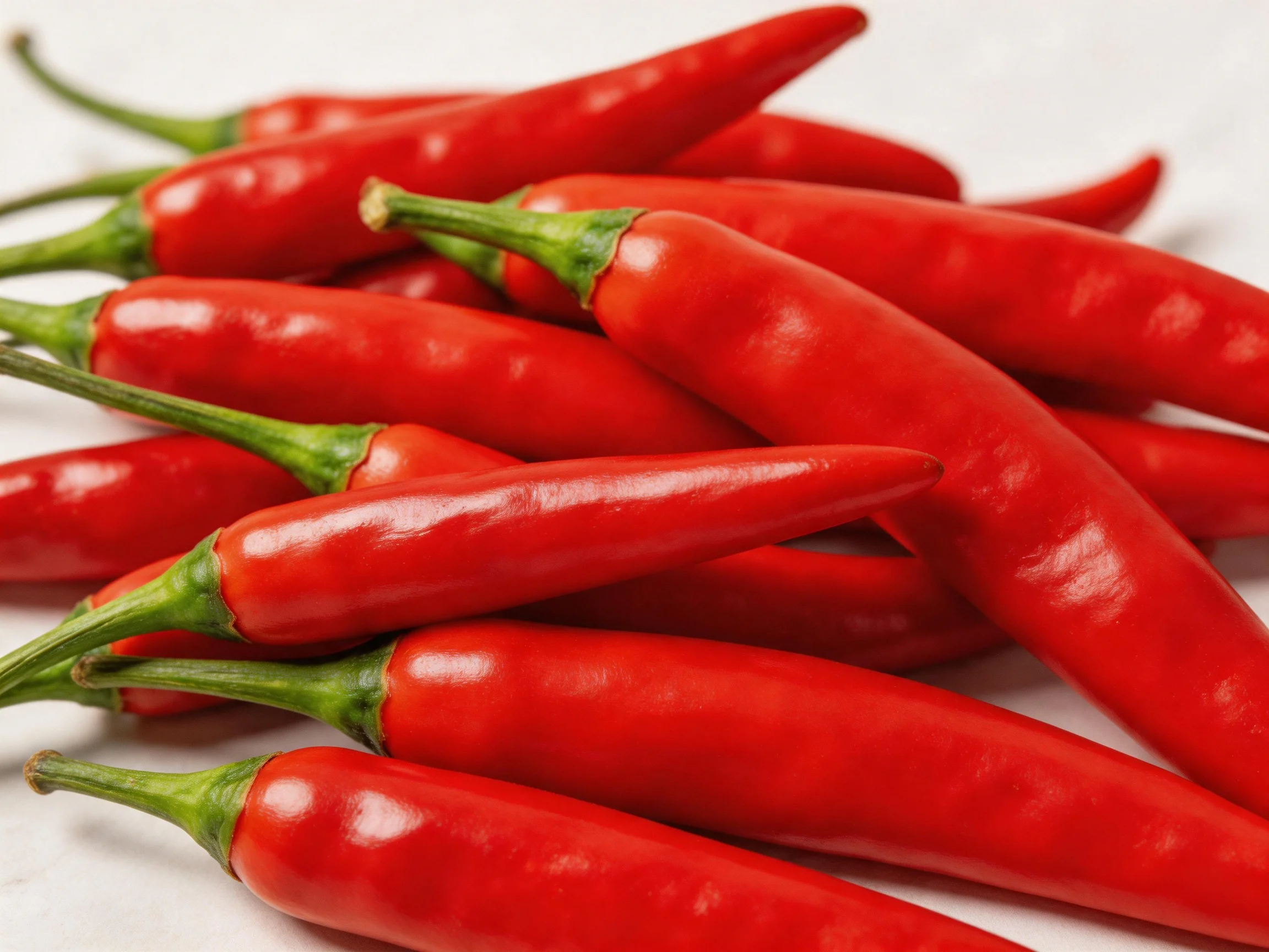 A pile of vibrant red chili peppers with green stems