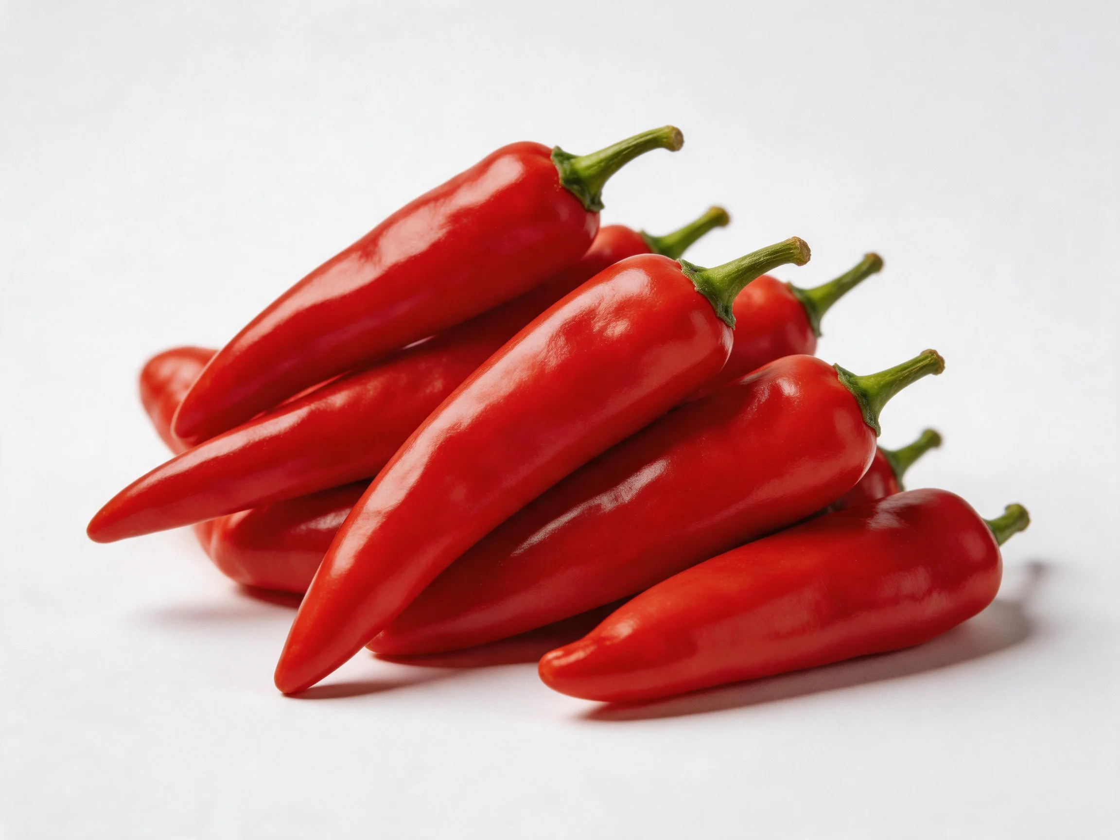 A pile of vibrant red chili peppers with green stems