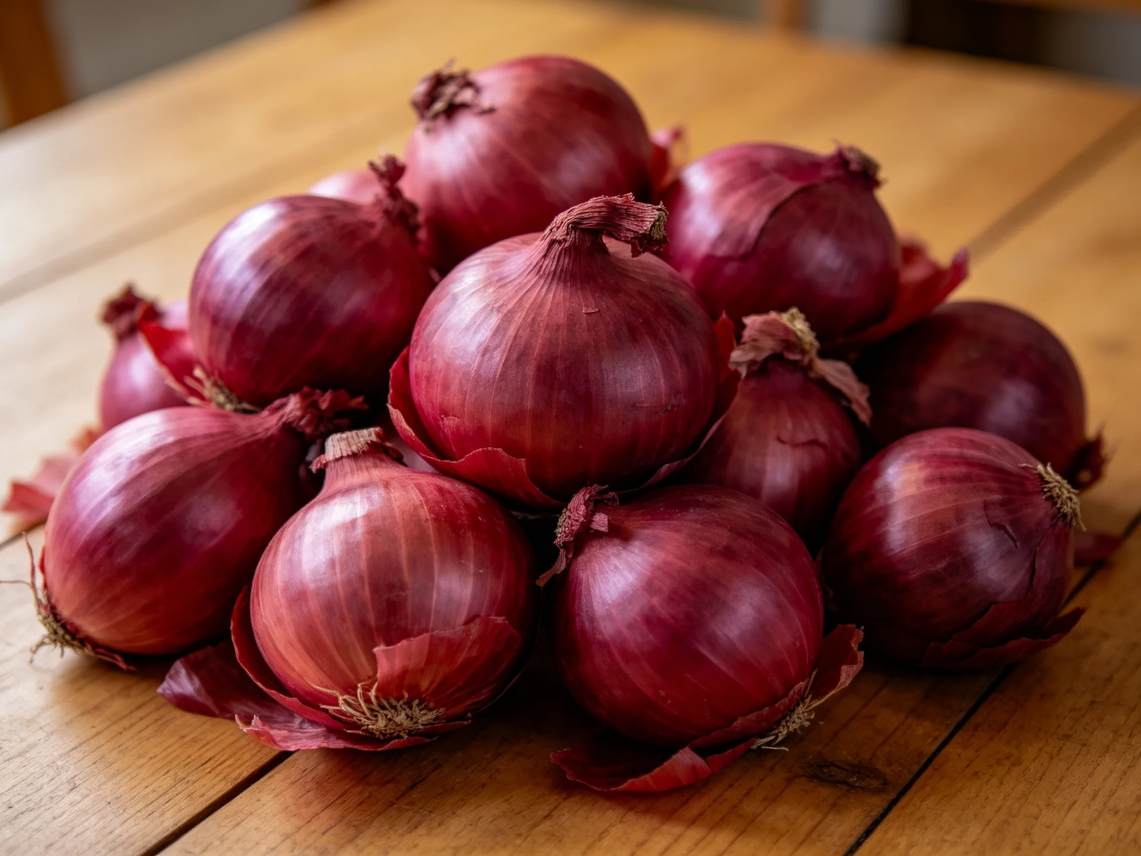 A pile of vibrant red onions arranged on a wooden table