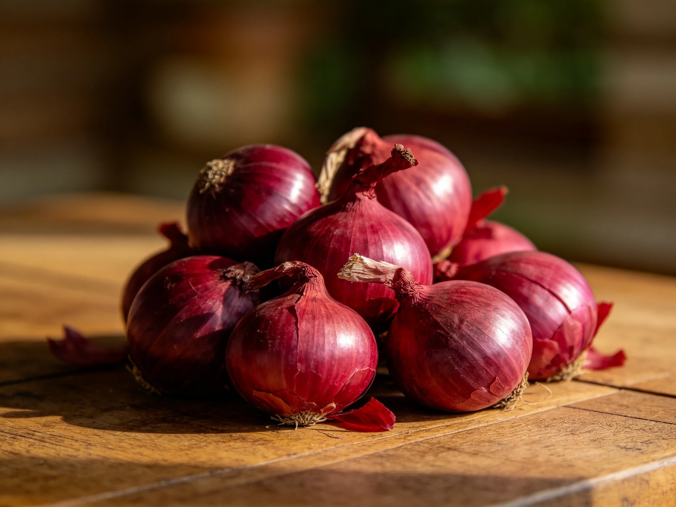 A pile of vibrant red shallots arranged on a wooden surface