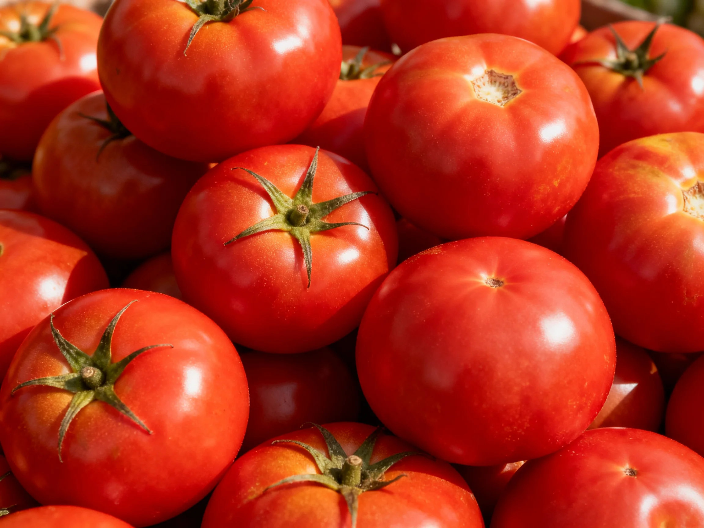 A pile of vibrant red tomatoes stacked closely together