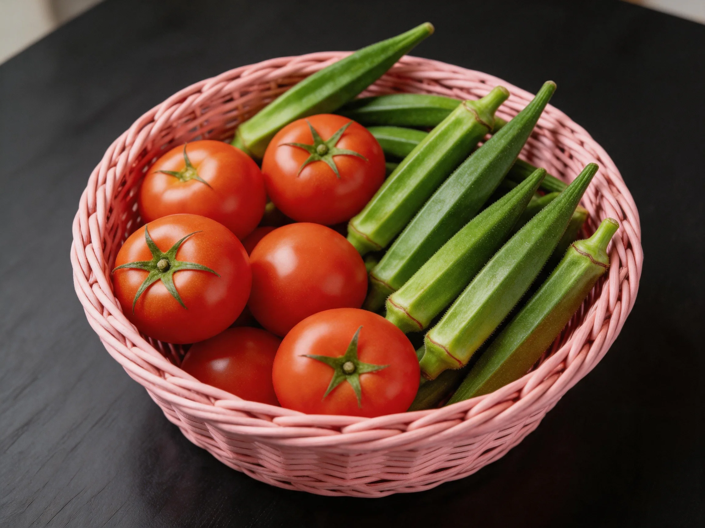 A pink wicker basket holds six ripe tomatoes and several okra pods, vivid red and green.