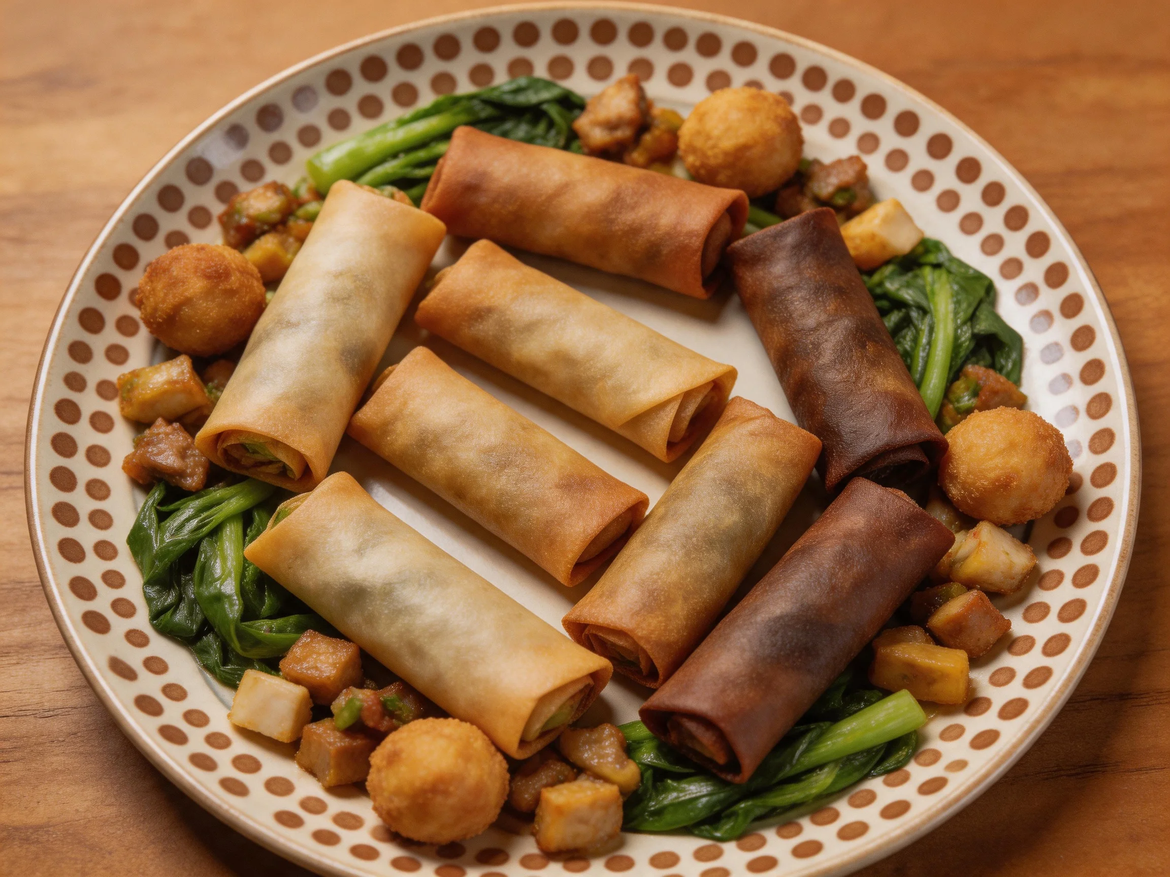 A plate containing eight fried items with mixed vegetables and greens