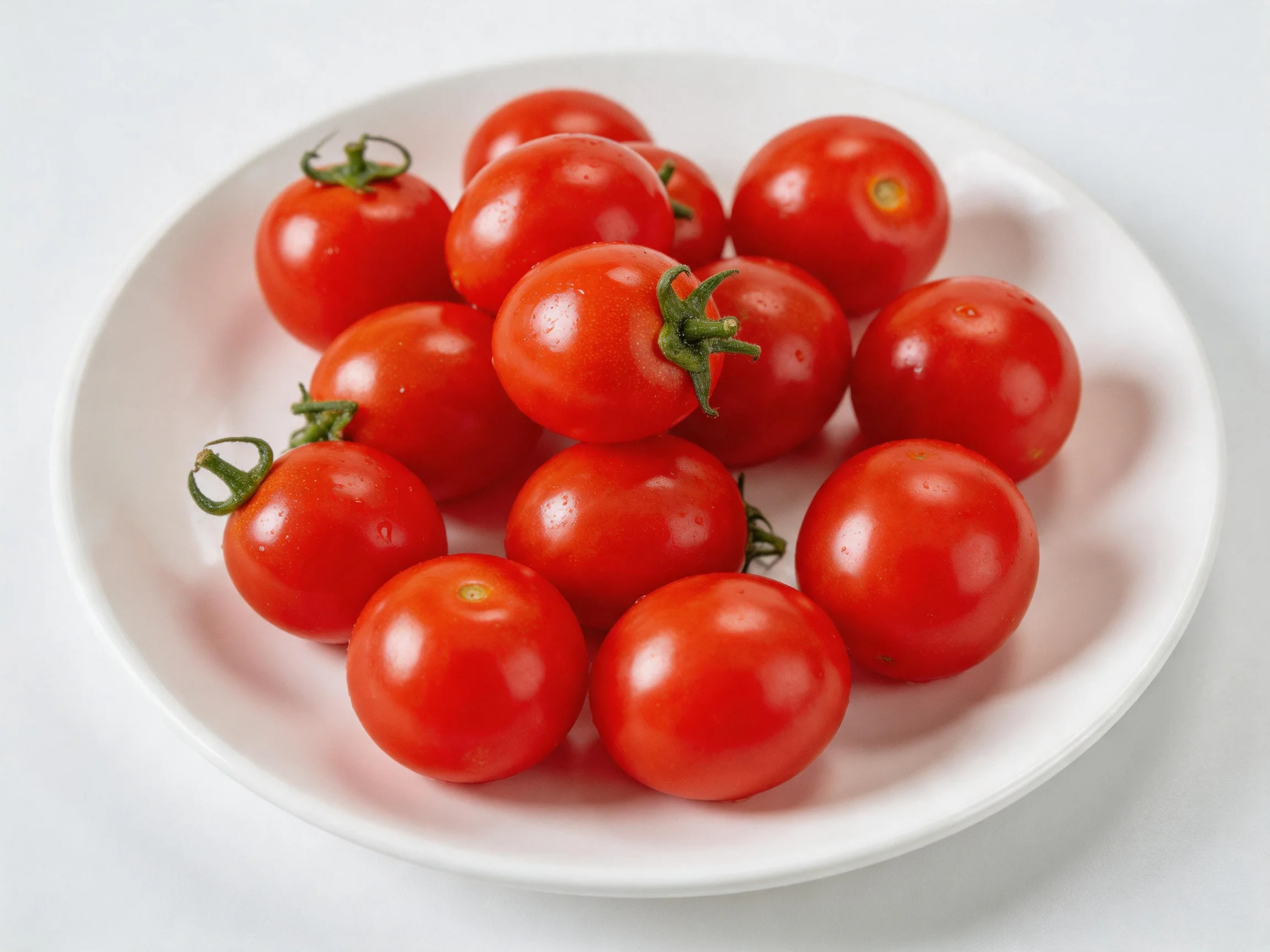 A plate filled with bright red cherry tomatoes on a white dish
