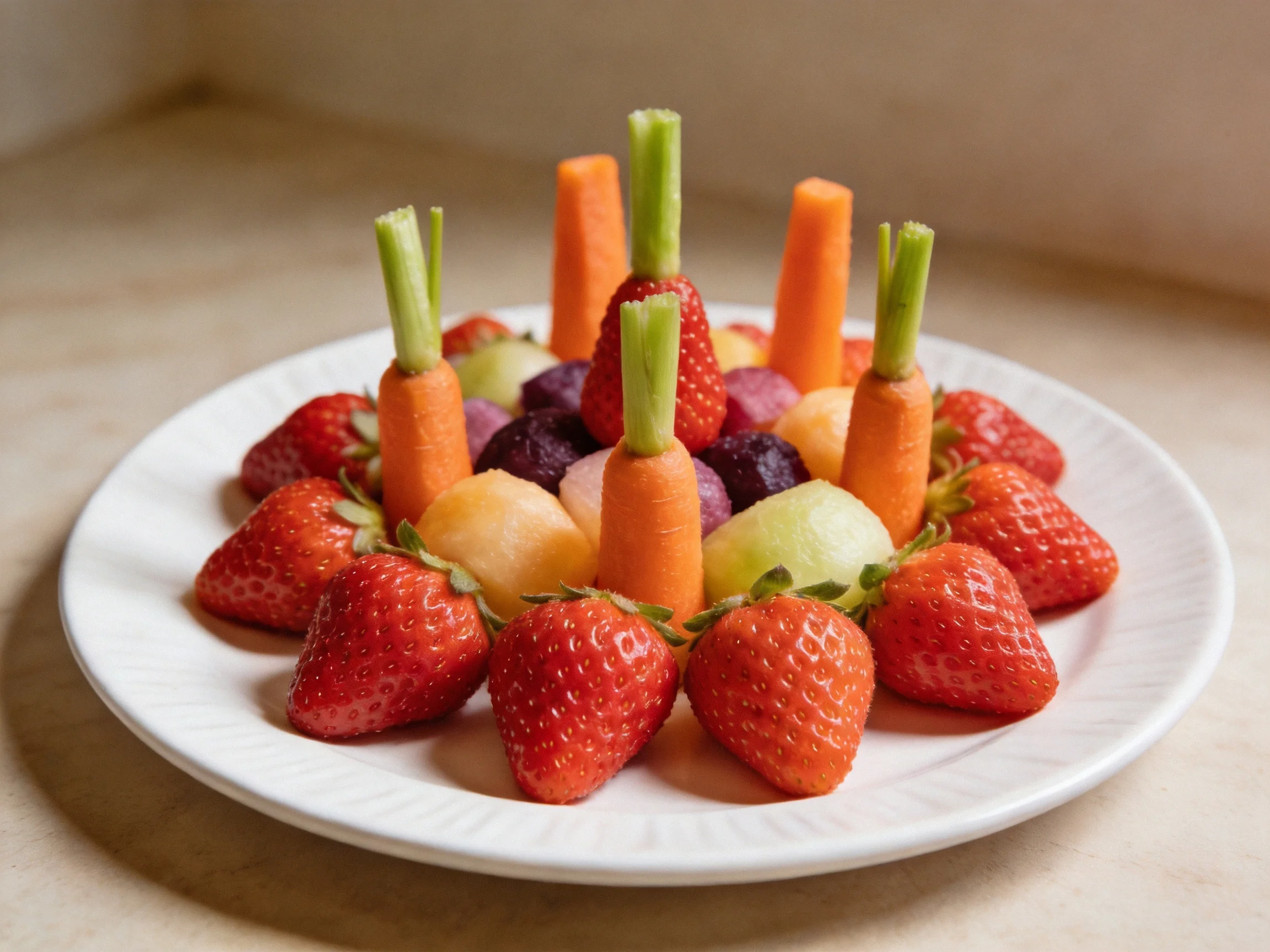A plate of assorted fruits with carrot sticks, strawberries, melons, and berries