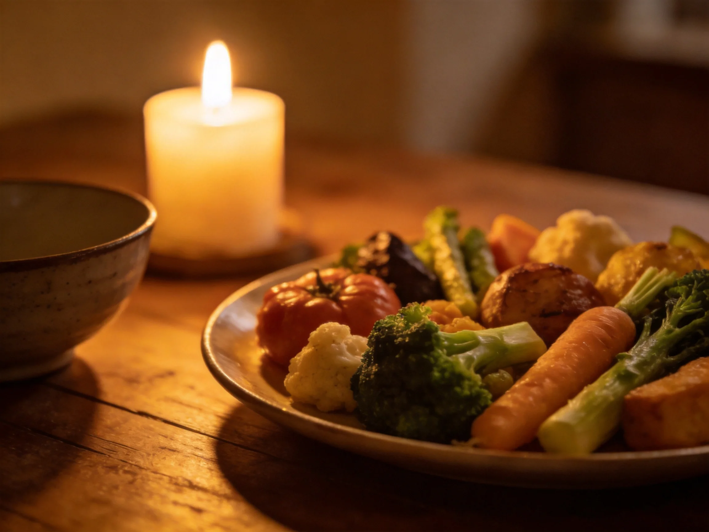 A plate of assorted roasted vegetables beside a glowing candle on a wooden table