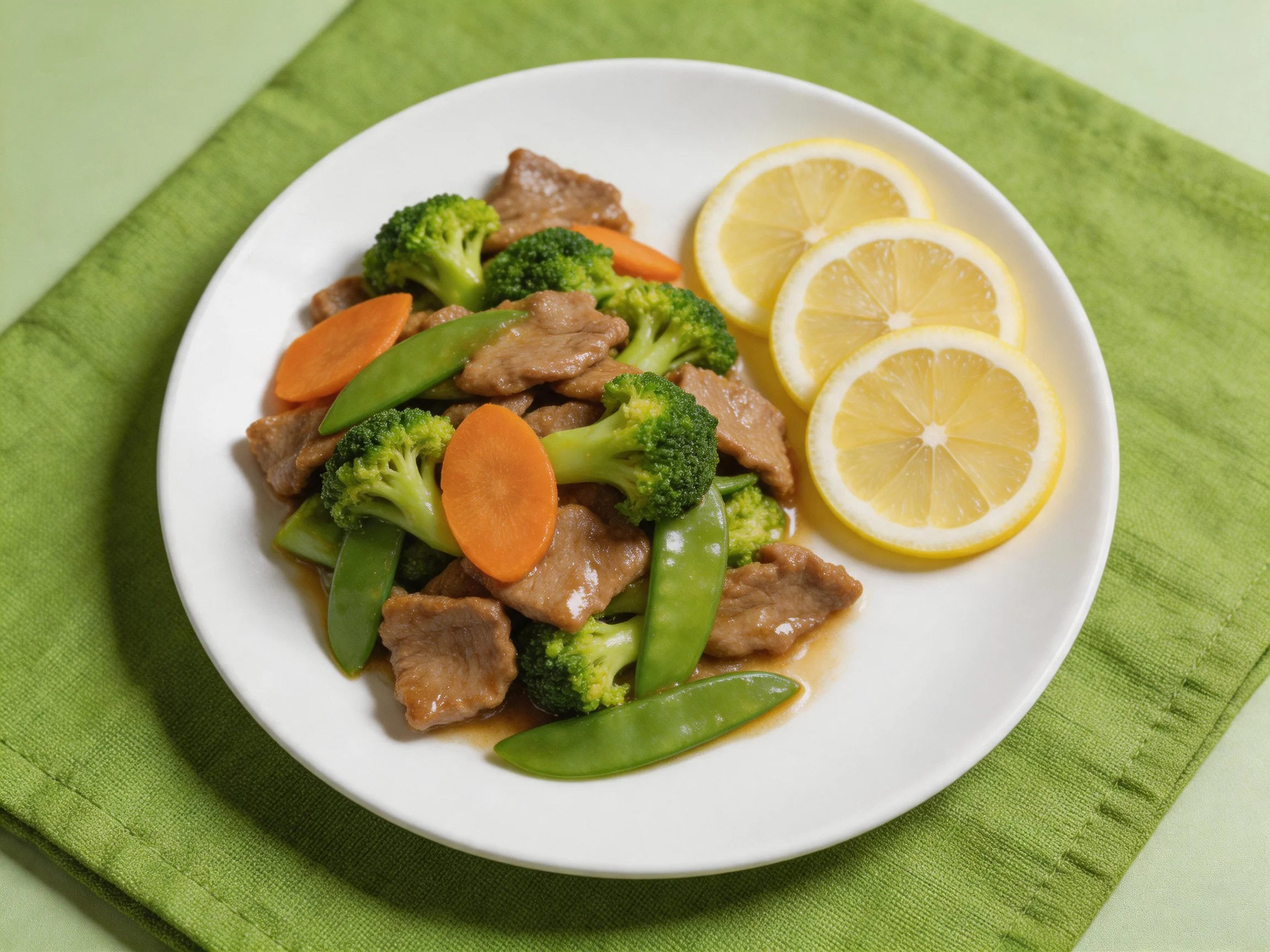 A plate of beef stir - fry with broccoli, snow peas, carrots, and lemon slices