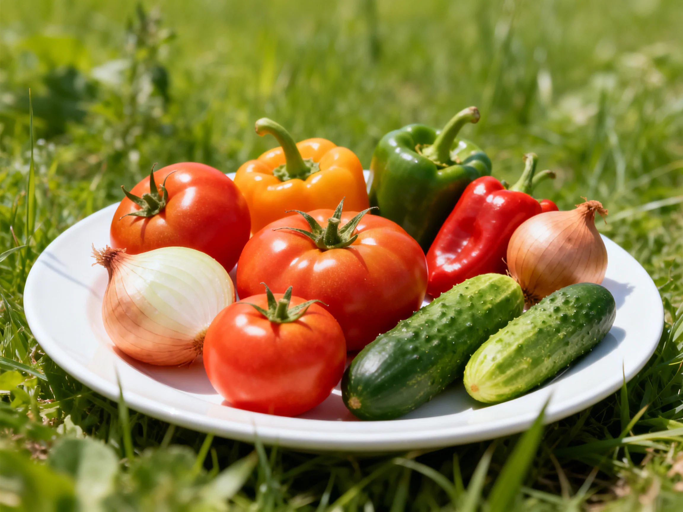 A plate of colorful fresh vegetables including tomatoes, peppers, cucumbers, and onions on grass