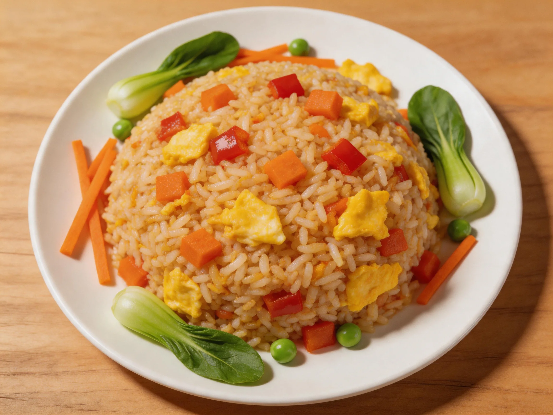 A plate of colorful fried rice with vegetables and leafy greens
