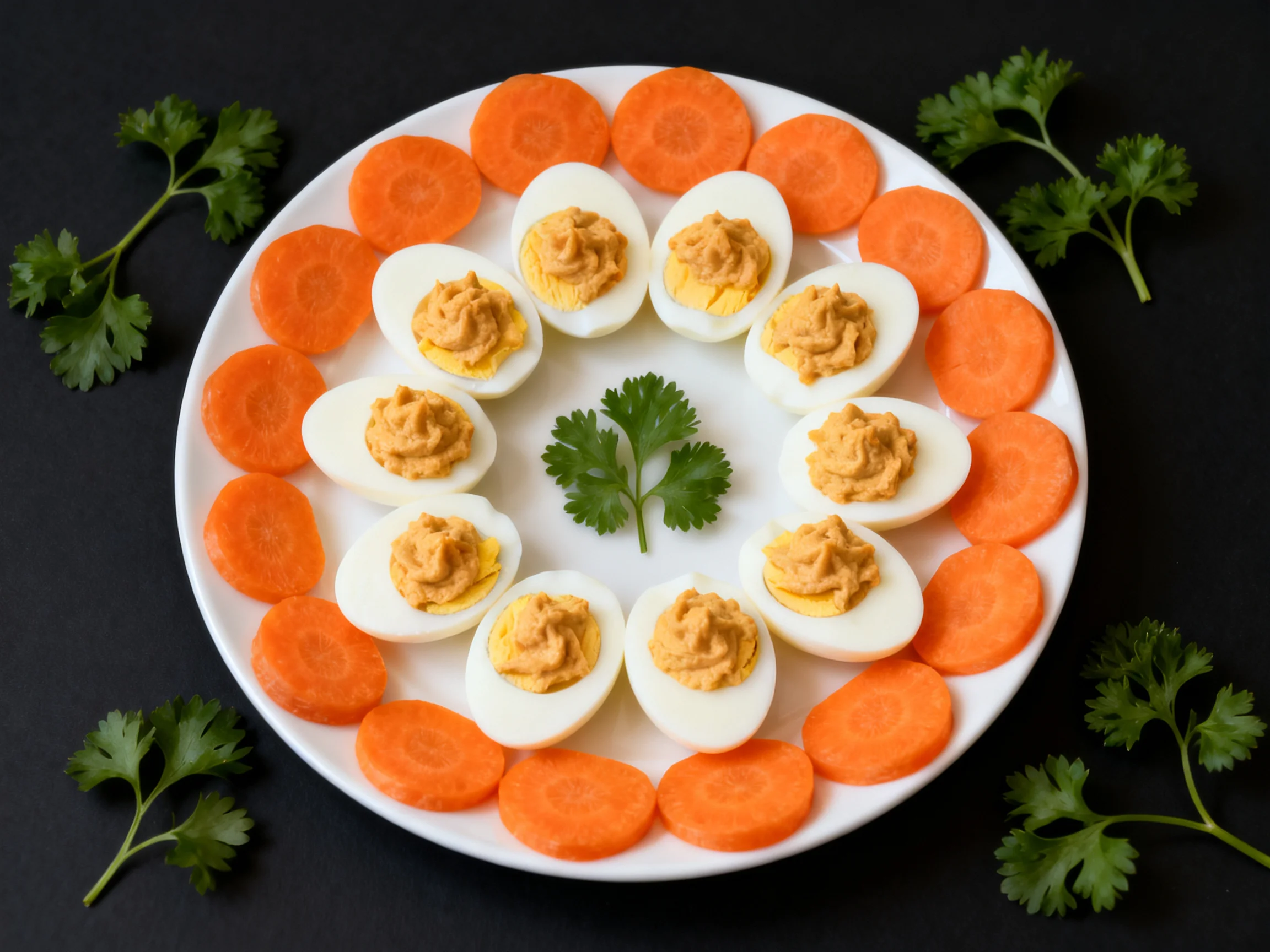 A plate of deviled eggs and carrotslices garnished with parsley