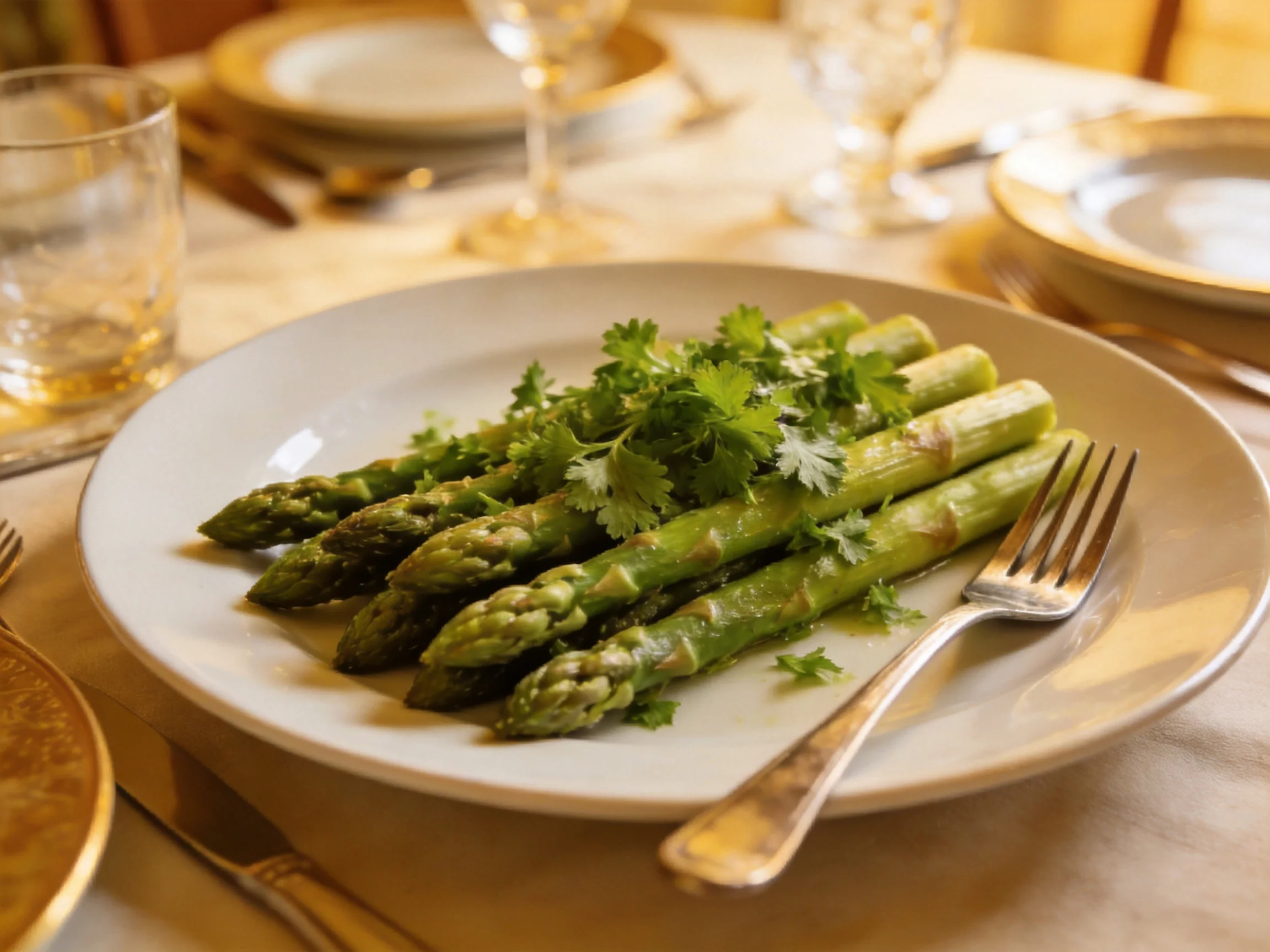 A plate of fresh green asparagus garnished with cilantro on an elegant dining table