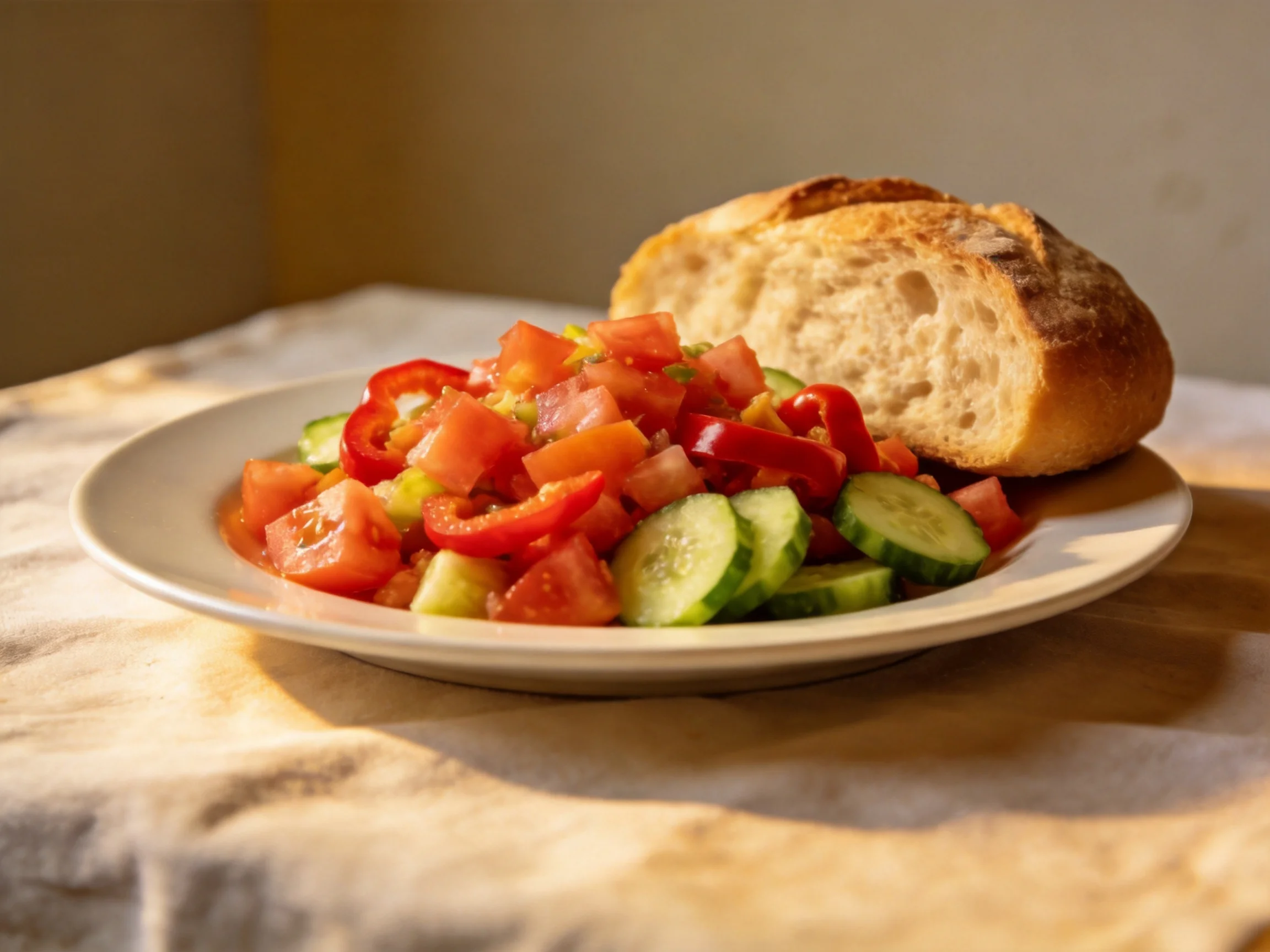 A plate of fresh vegetable salad with crusty bread