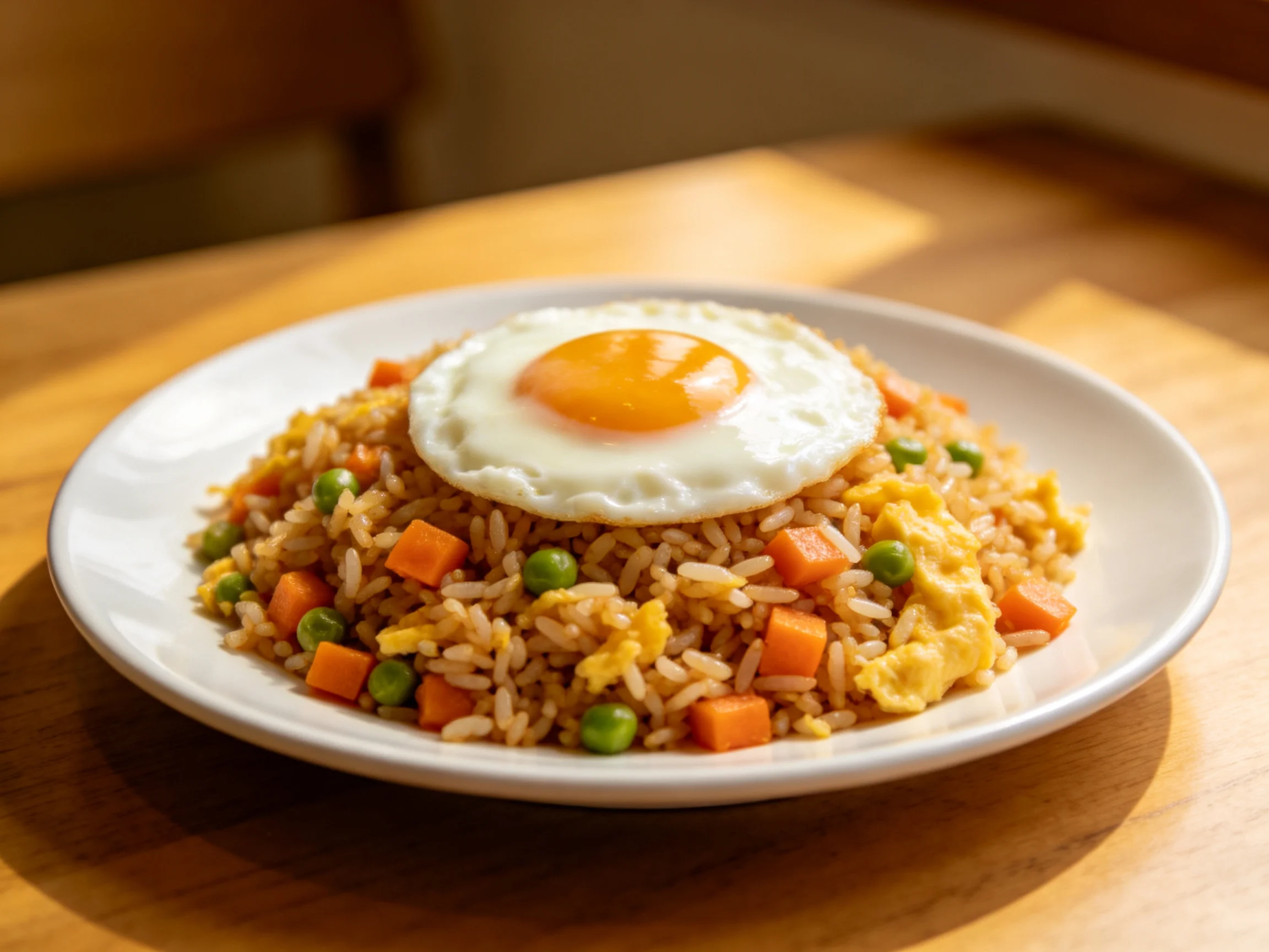 A plate of fried rice topped with a sunny-side-up egg and mixed vegetables