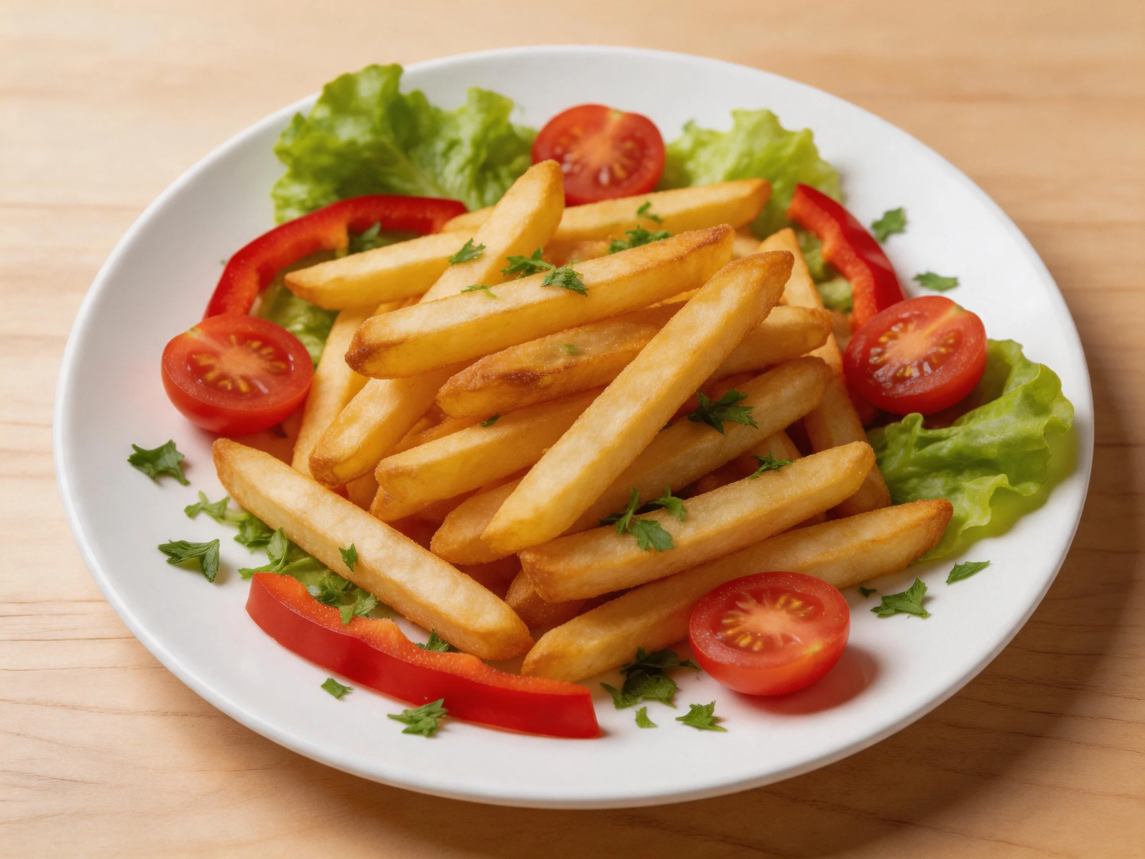 A plate of golden French fries with red bell pepper slices, cherry tomatoes, and lettuce