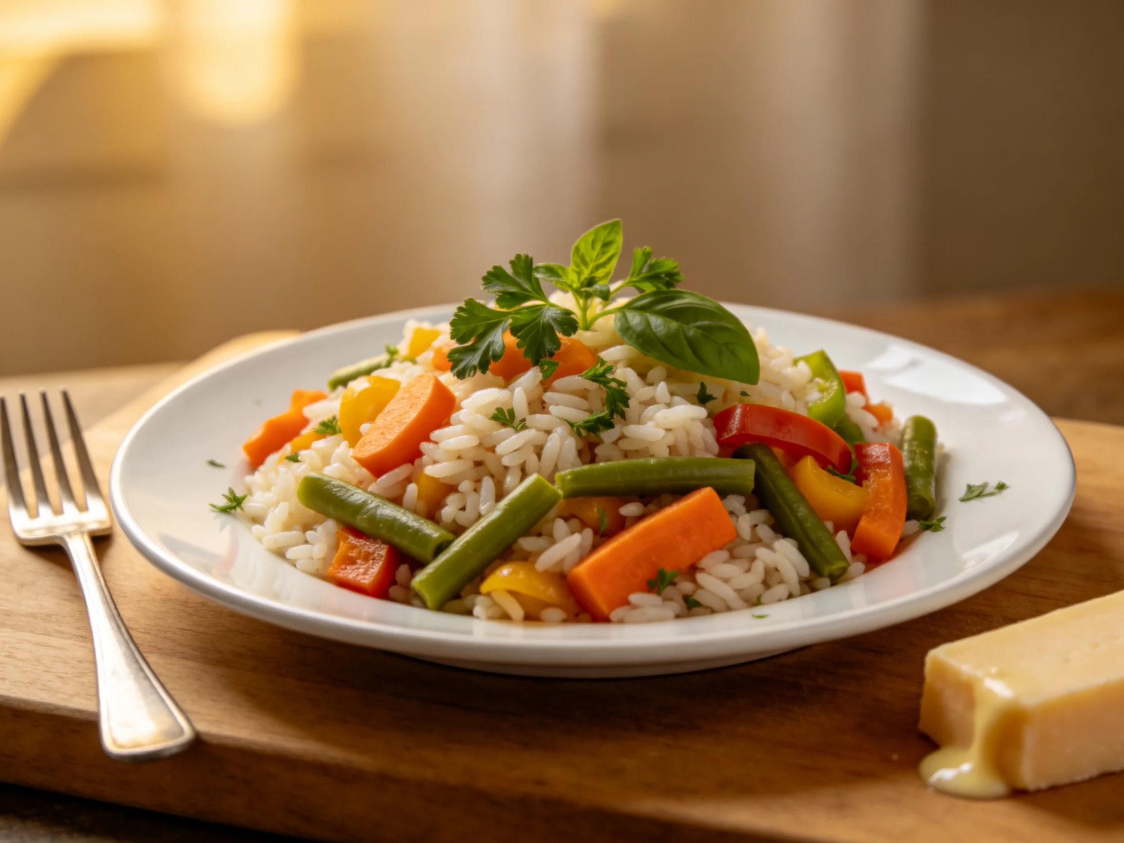 A plate of mixed vegetable rice with colorful veggies and fresh herbs
