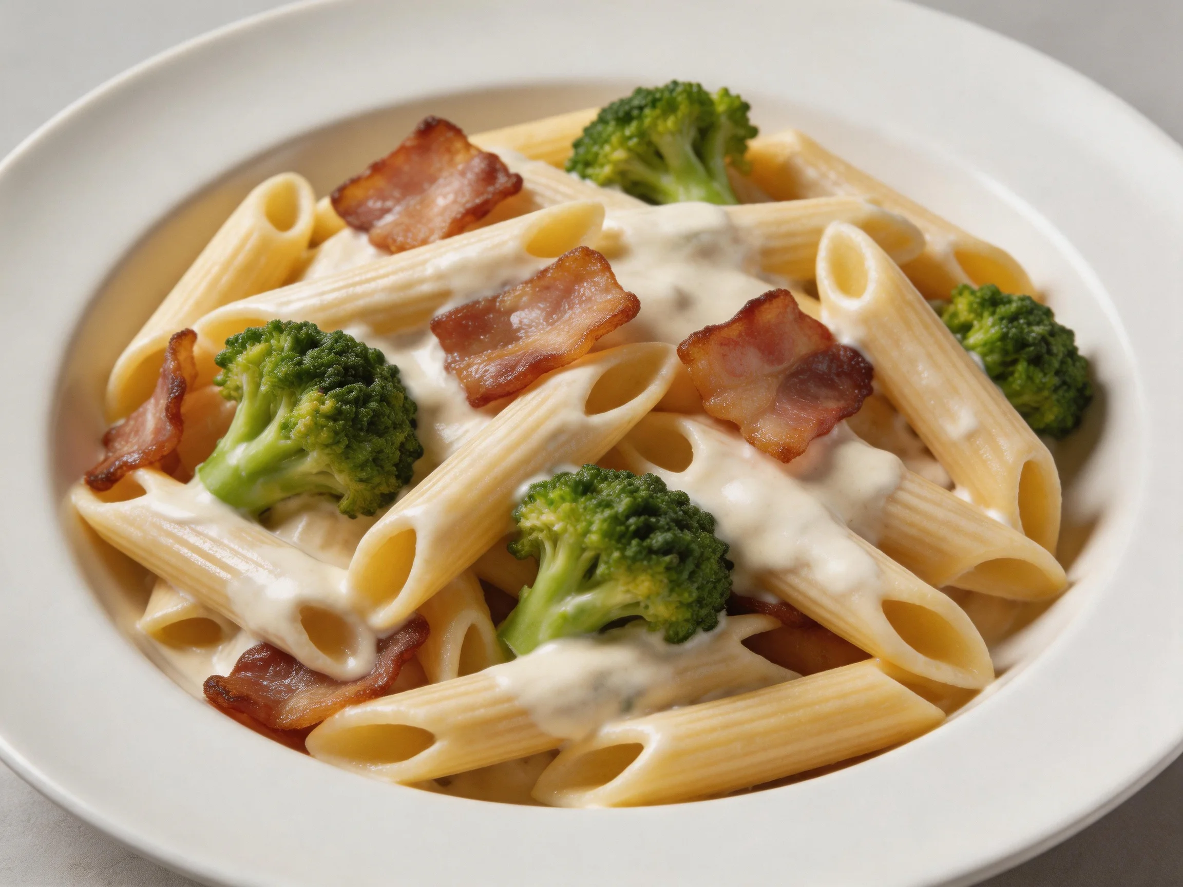 A plate of penne pasta with broccoli, crispy bacon, and creamy sauce