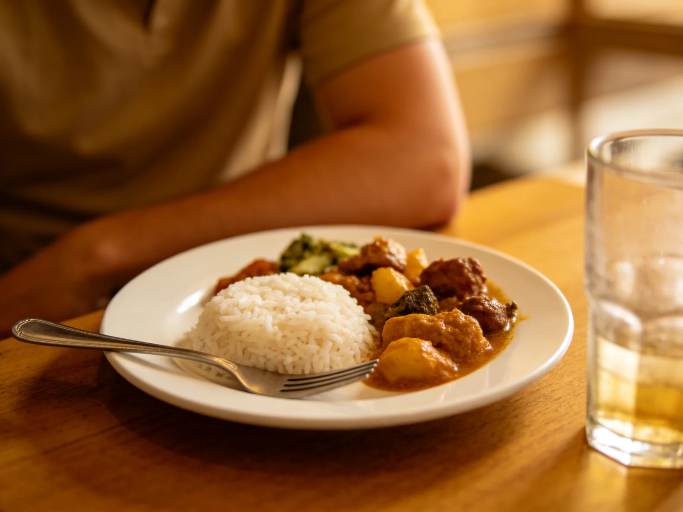 A plate of rice, curry, and vegetables with a fork and water on a wooden table