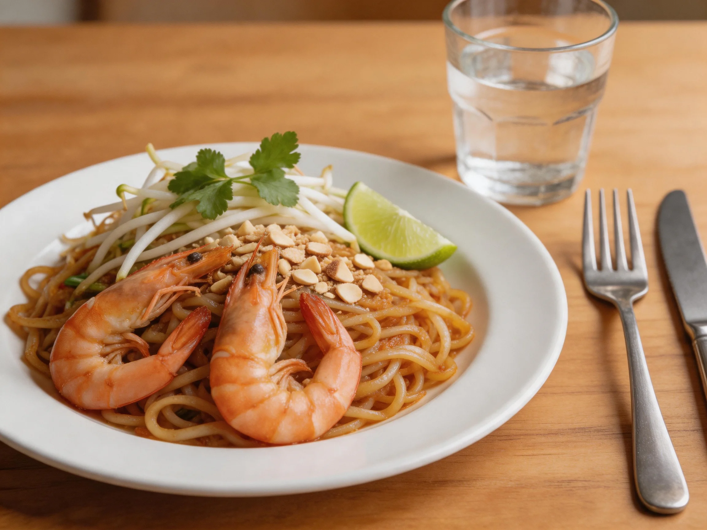 A plate of shrimp pad thai garnished with lime, peanuts, and bean sprouts