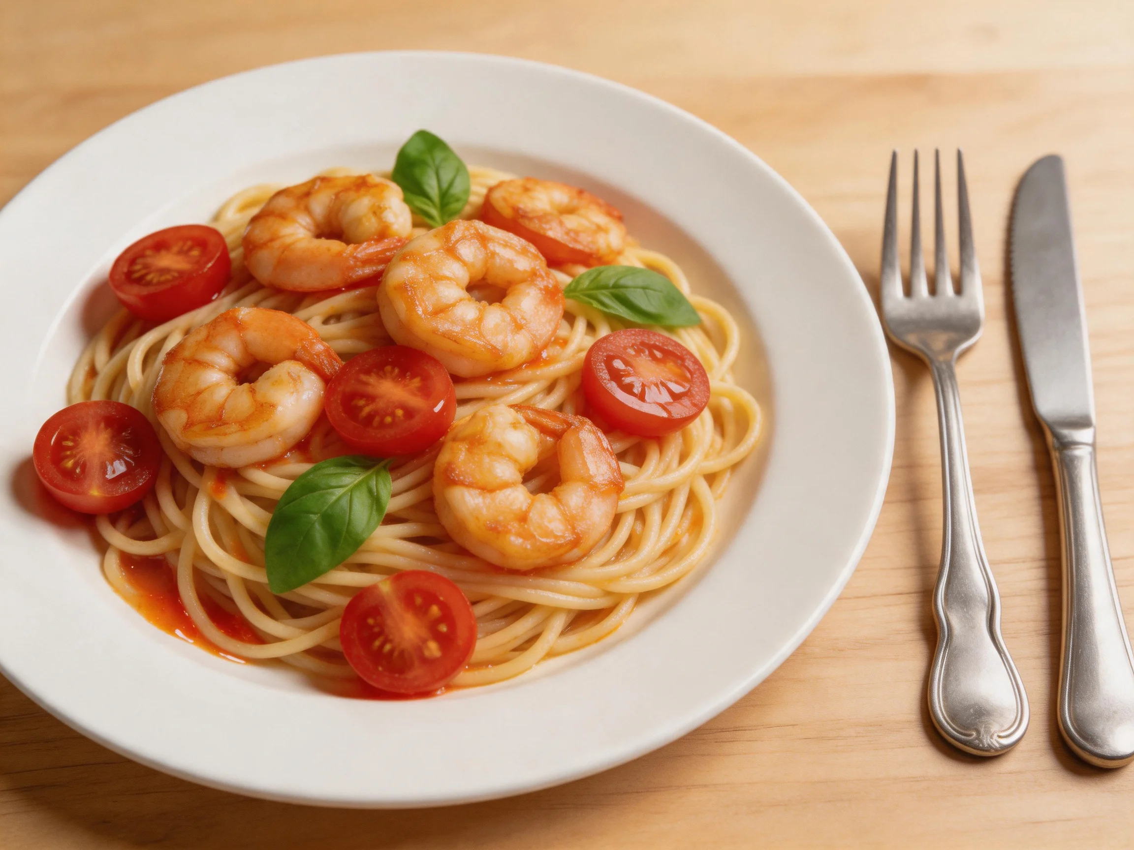 A plate of shrimp pasta with cherry tomatoes and basil