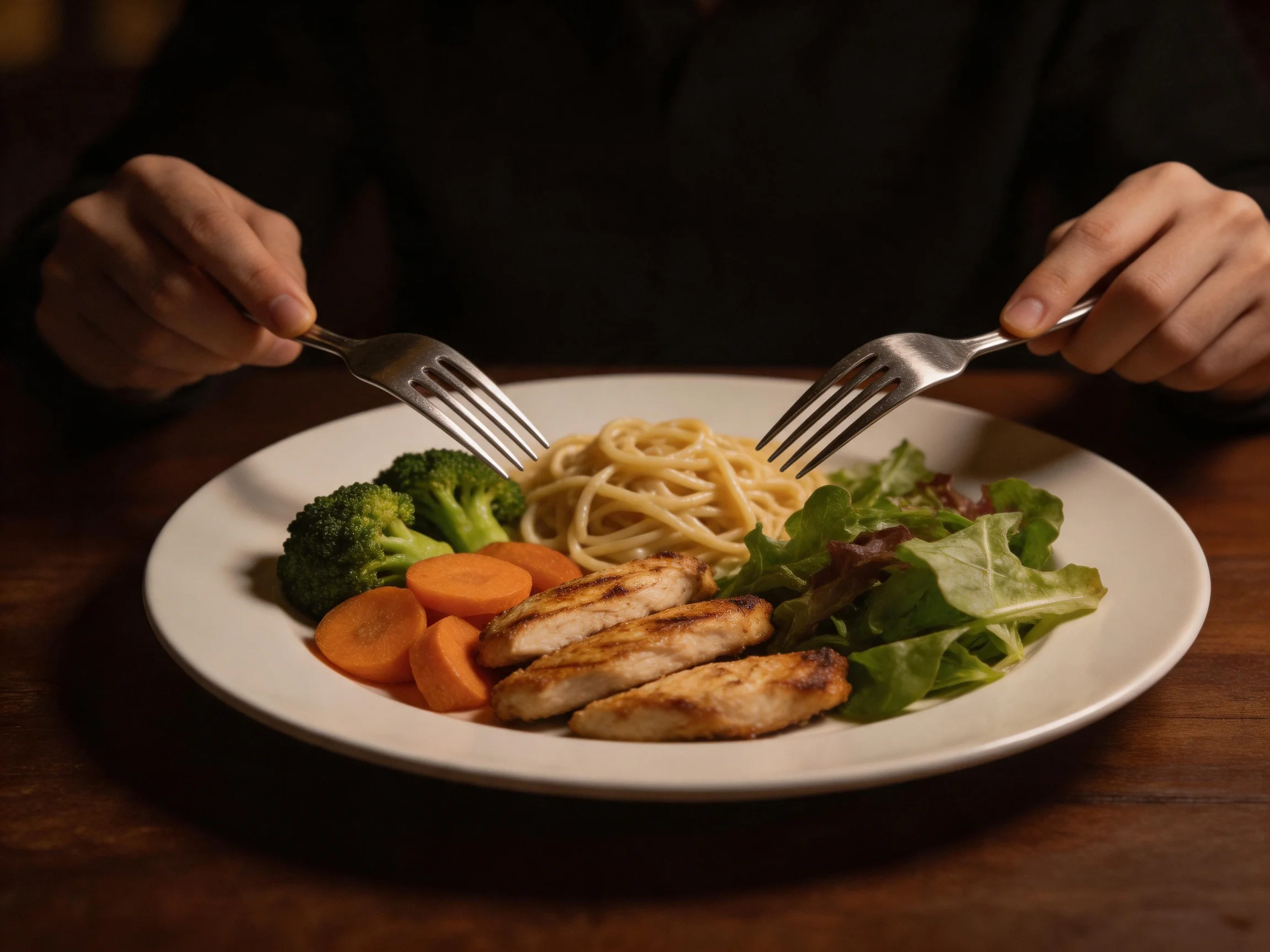 A plate of spaghetti, grilled chicken, broccoli, carrots, and greens with two forks