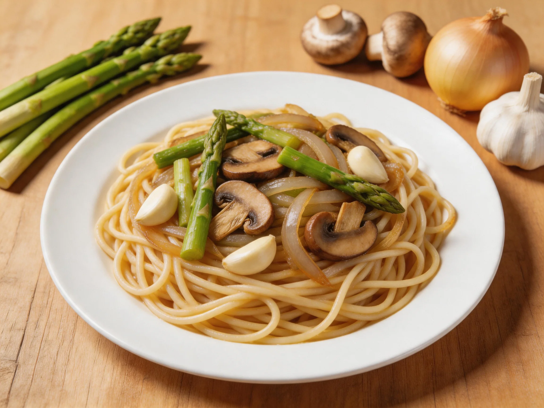 A plate of spaghetti topped with asparagus, mushrooms, and garlic