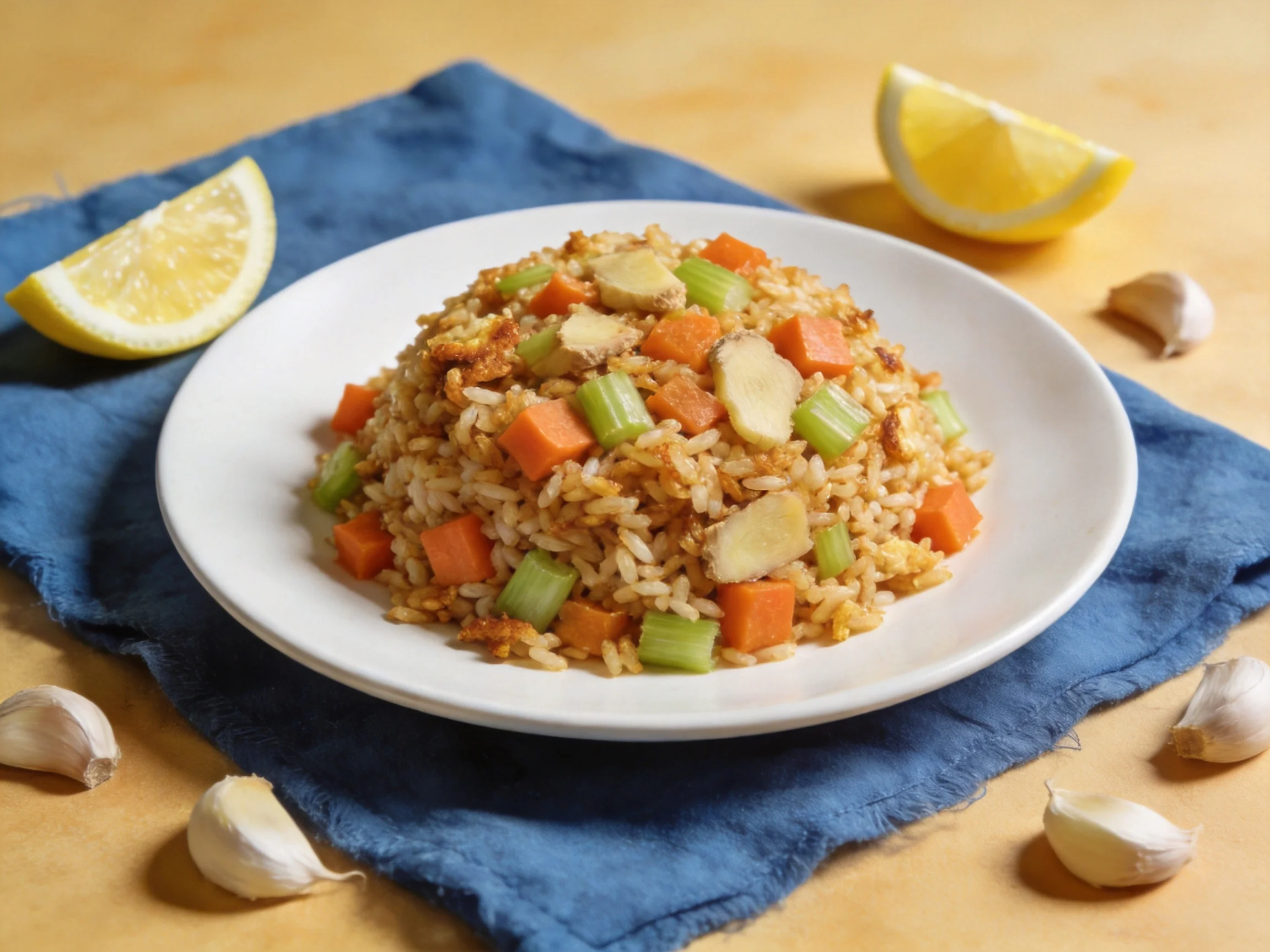 A plate of vegetable fried rice with lemon wedges and garlic cloves