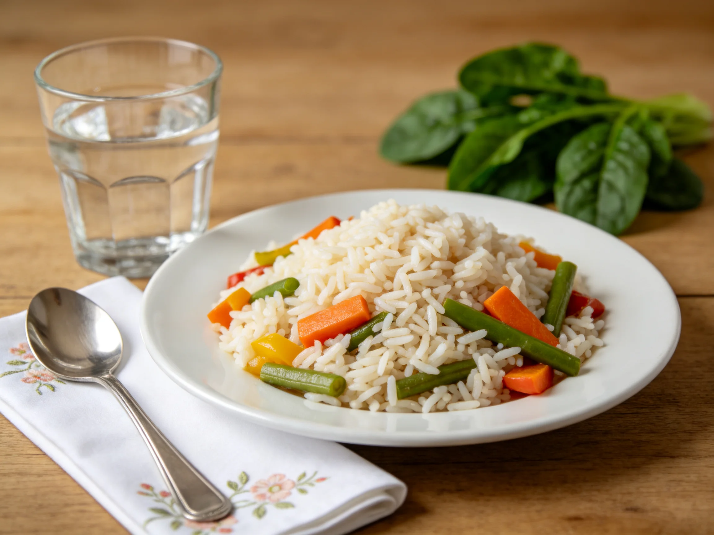 A plate of vegetable rice with carrots, green beans, and a glass ofwater